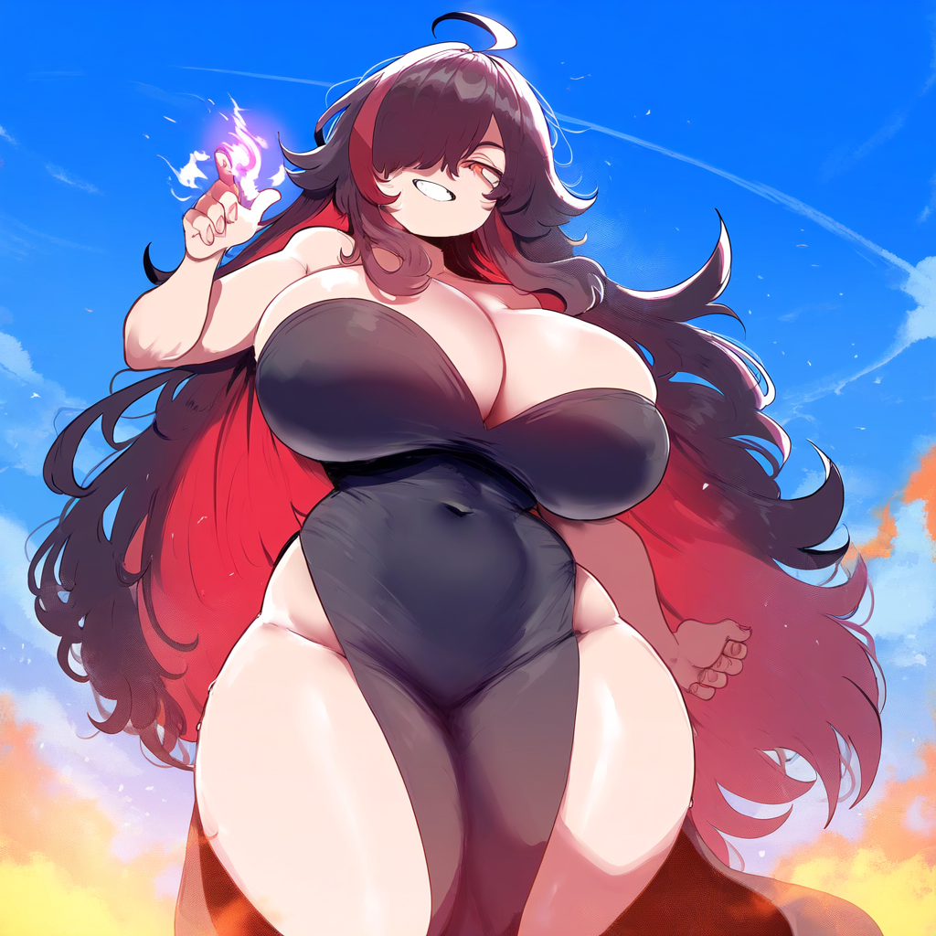 ai_generated amber_eyes ameanon black_dress dark_hair female large_breasts sorceress sorceress_sophia thick_thighs two_tone_hair villainess witch