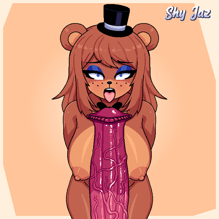 after_blowjob after_fellatio after_oral after_rape ahe_gao bear_ears blue_eyes blue_eyeshadow blush bow_tie bowtie breasts brown_body brown_hair ear equine_genitalia equine_penis eyeshadow five_nights_at_freddy's freddy_(fnaf) fredina's_nightclub fredina_(cally3d) frenni_fazclaire horsecock naked robot robot_girl saliva shy_jaz simple_background standing straight top_hat vagina zoophilia