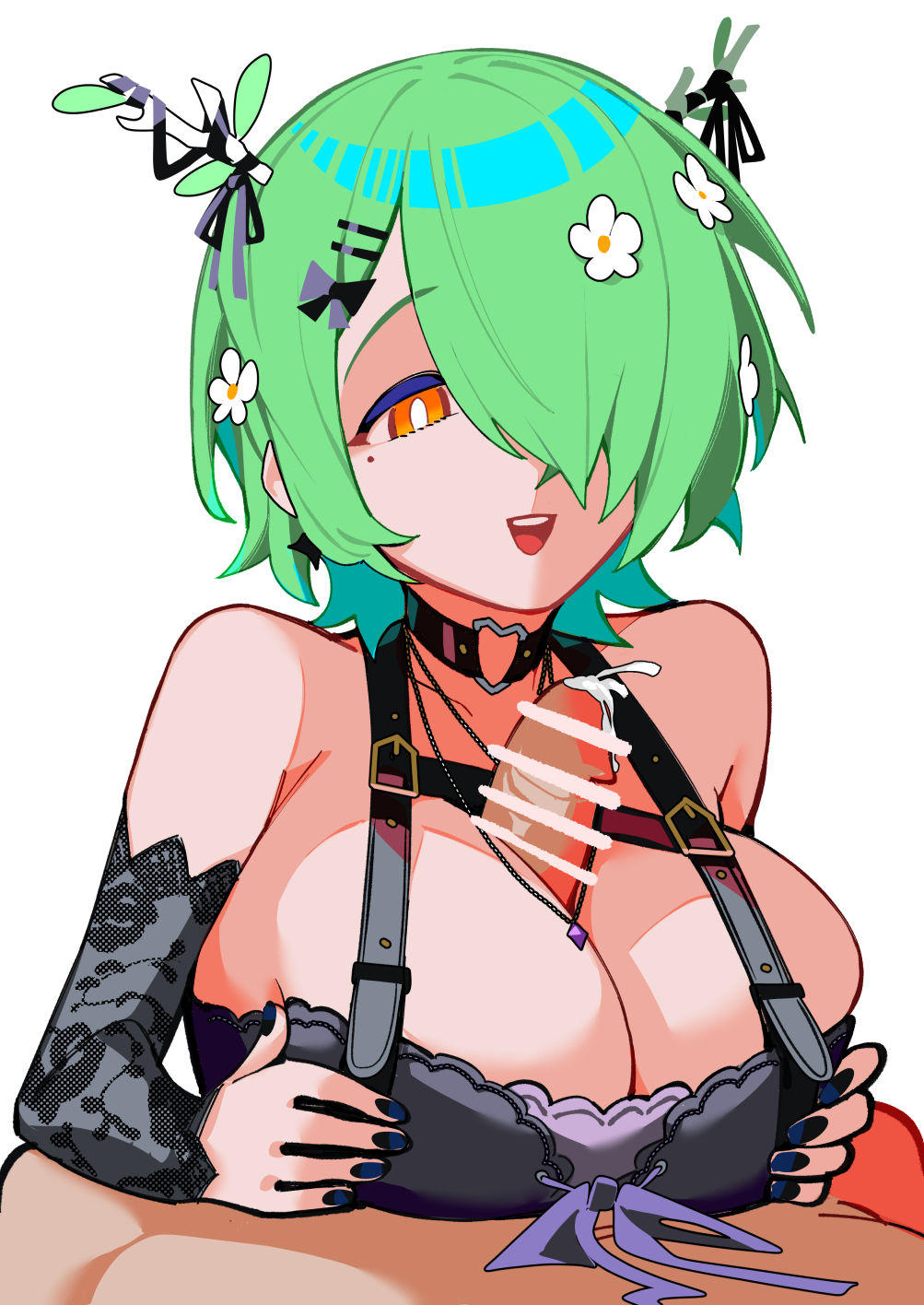 1boy 1girls beauty_mark big_breasts branch_horns breasts censor_bar censored censored_penis ceres_fauna ceres_fauna_(goth_costume) clothed clothing dismassd green_hair hair_over_one_eye hi_res highres hololive hololive_english hololive_english_-council- hololive_english_-promise- horns light-skinned_female light-skinned_male light_skin mole mole_under_eye official_alternate_costume open_mouth outercourse paizuri paizuri_under_clothes penis short_hair unseen_male_face virtual_youtuber white_background yellow_eyes