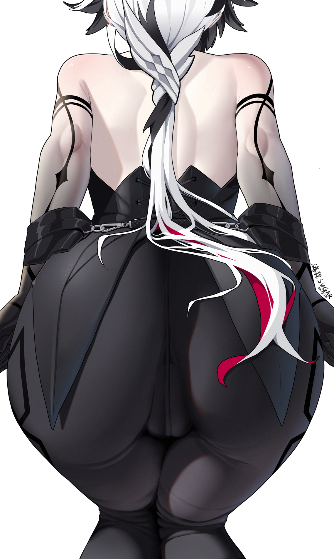 1girls, arlecchino (genshin impact), ass, ass focus, big ass, big butt, female, from behind, genshin impact, manzai sugar, pants, rear view, solo, white hair, wide hips