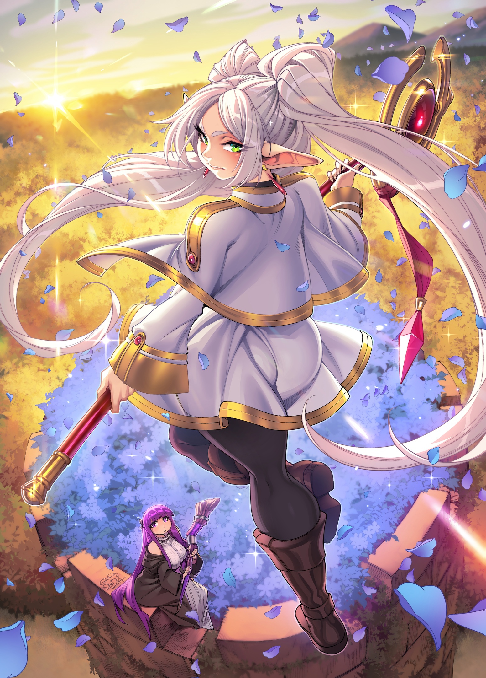 2girls, ass, big ass, big butt, bubble ass, bubble butt, female, female only, fern (sousou no frieren), floating, frieren, gofa, green eyes, looking at viewer, looking back, multiple females, multiple girls, solo focus, sousou no frieren, twintails, white hair