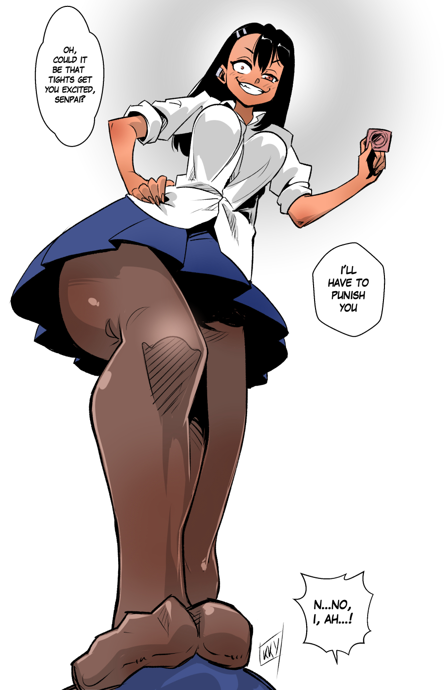 1boy black_hair condom female female_pervert femdom foot_focus footjob hayase_nagatoro holding_condom kukuruyo legs long_hair long_legs male medium_hair miniskirt naoto_hachioji_(senpai) pantyhose pervert_female please_don't_bully_me,_nagatoro pov school_uniform sex_invitation skirt smile solo_focus straight tights uniform