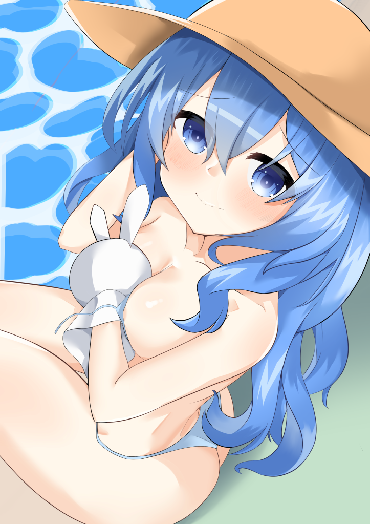 ass blue_eyes blue_hair breasts date_a_live himekawa_yoshino l8 light-skinned_female naked_female pool yoshinon