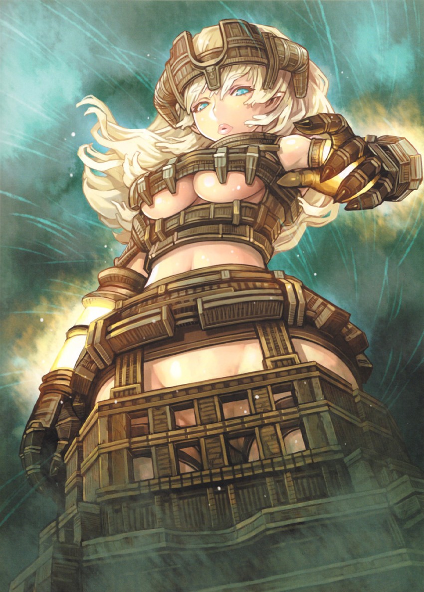 armor barely_contained barely_covered beige_skin blonde_hair breasts claws color cyan_eyes day female female_only front_view glowing hair humanized long_hair malus open_eyes outdoors pointy_ears rule_63 shadow_of_the_colossus shigatake skimpy_armor skin_tight solo underboob