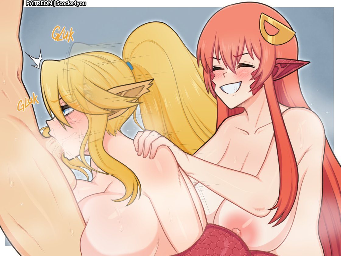 1boy 2023 2girls areolae big_breasts blonde_hair blowjob blue_eyes breasts centauress centorea_shianus closed_eyes fellatio forced_oral huge_penis interspecies lamia light-skinned_female light-skinned_male light_skin male_focus mammal_humanoid miia_(monster_musume) monster_girl monster_musume_no_iru_nichijou nipples oral oral_penetration oral_sex penis penis_in_mouth pointy_ears ponytail red_hair reptile_humanoid scocks4you unseen_male_face