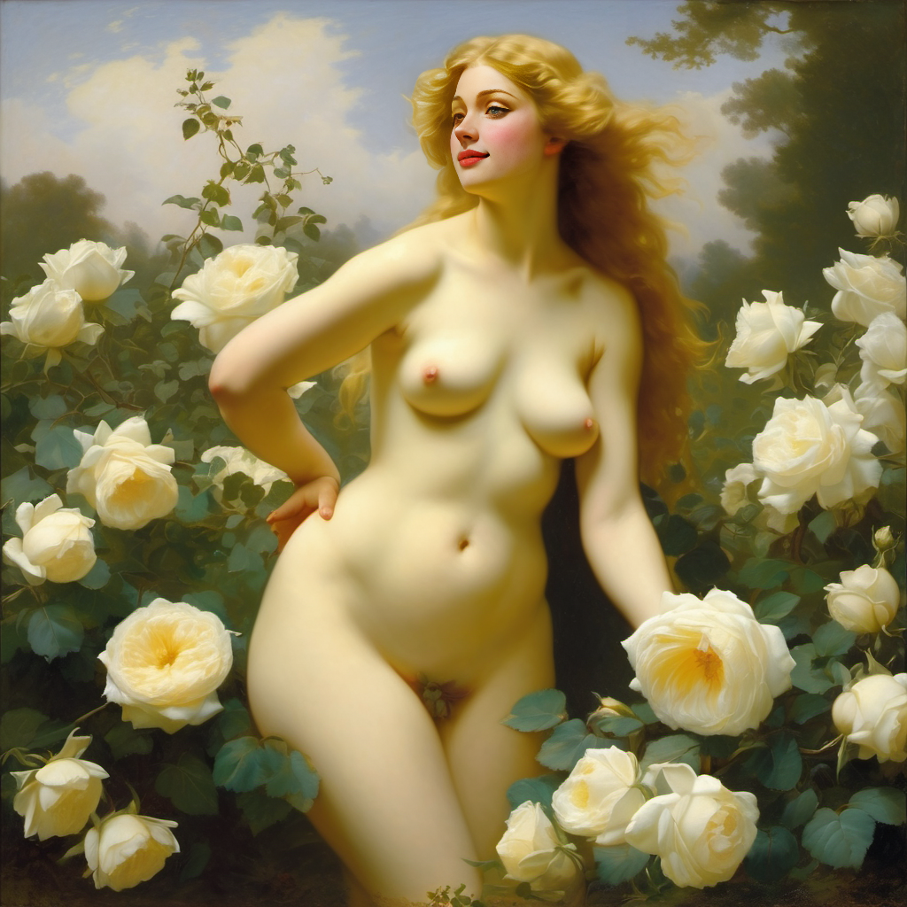 ai_generated belly blonde_hair blue_eyes breasts curly_hair curvy female flower flowers lips long_hair medium_breasts navel nipples nude presenting realistic rose_(flower) smile solo white_rose william_bouguereau