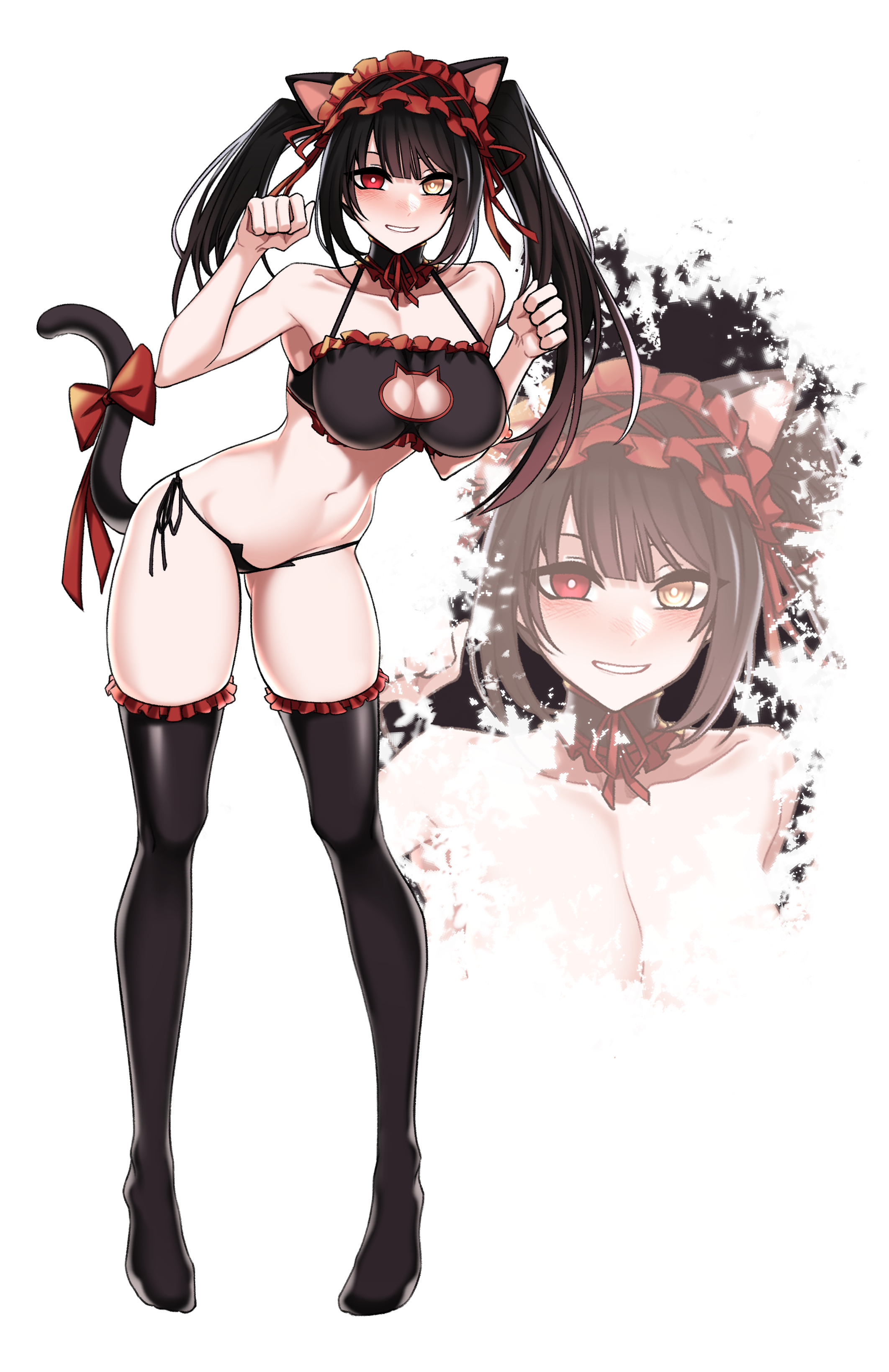 1girls, bikini, black hair, breasts, cat ears, cat tail, date a live, female, female only, heterochromia, light skin, light-skinned female, red eyes, thighs, tokisaki kurumi
