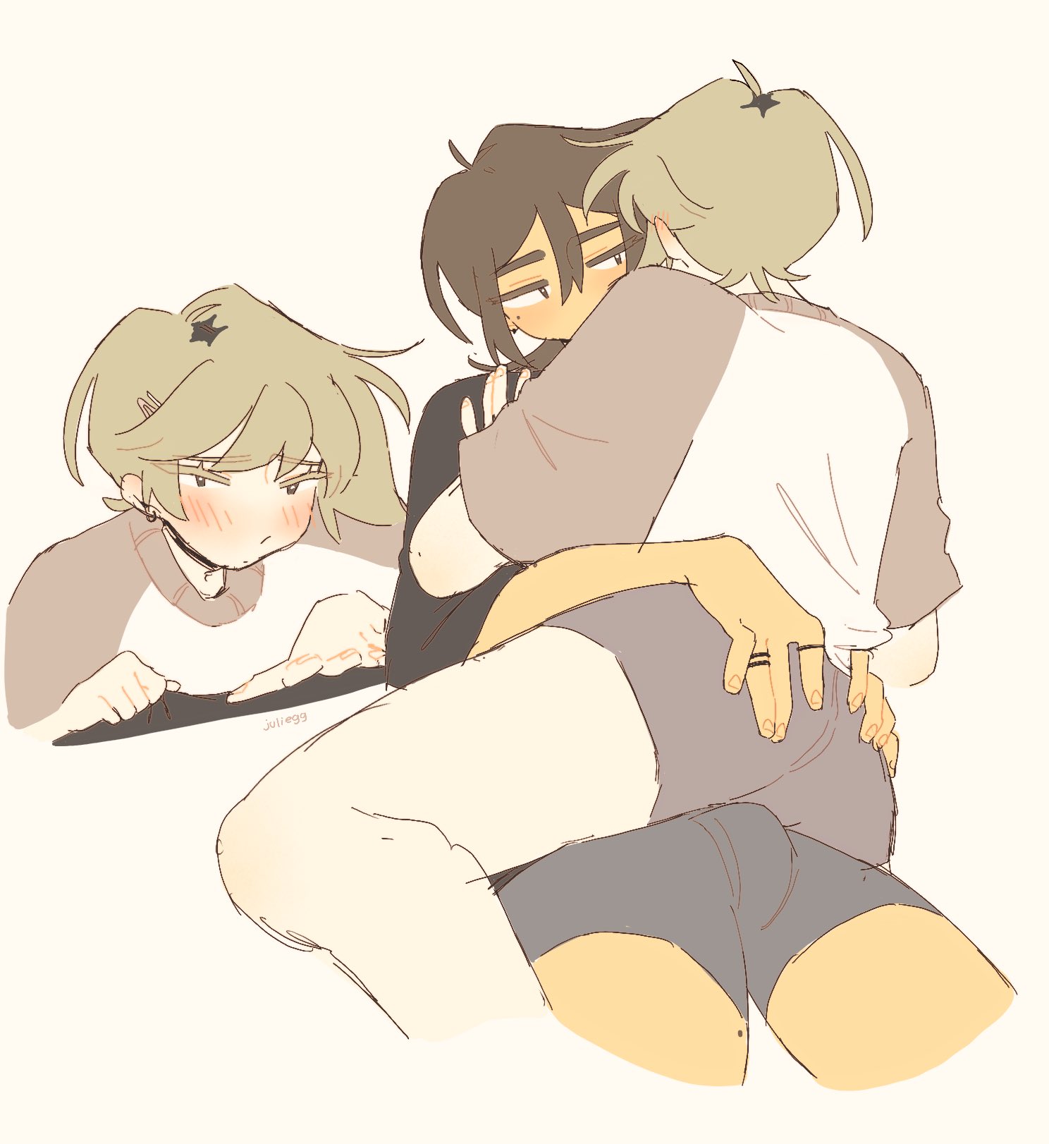2boys, ahoge, artist name, asking for it, ass grab, black shirt, blonde hair, blush, brown hair, color, curly hair, dyed hair, ear blush, ear piercing, earrings, erection, erection under clothes, eyebrows visible through hair, full-face blush, hand on another's ass, hand on another's shoulder, imminent sex, juliegg, kouta (juliegg), long hair, looking at another, male, mole, mole on arm, mole on thigh, mole under eye, original, penis, romantic, romantic couple, rui (juliegg), shirt grab, slight blush, tan background, underwear, unseen male face, watermark, wholesome, yaoi