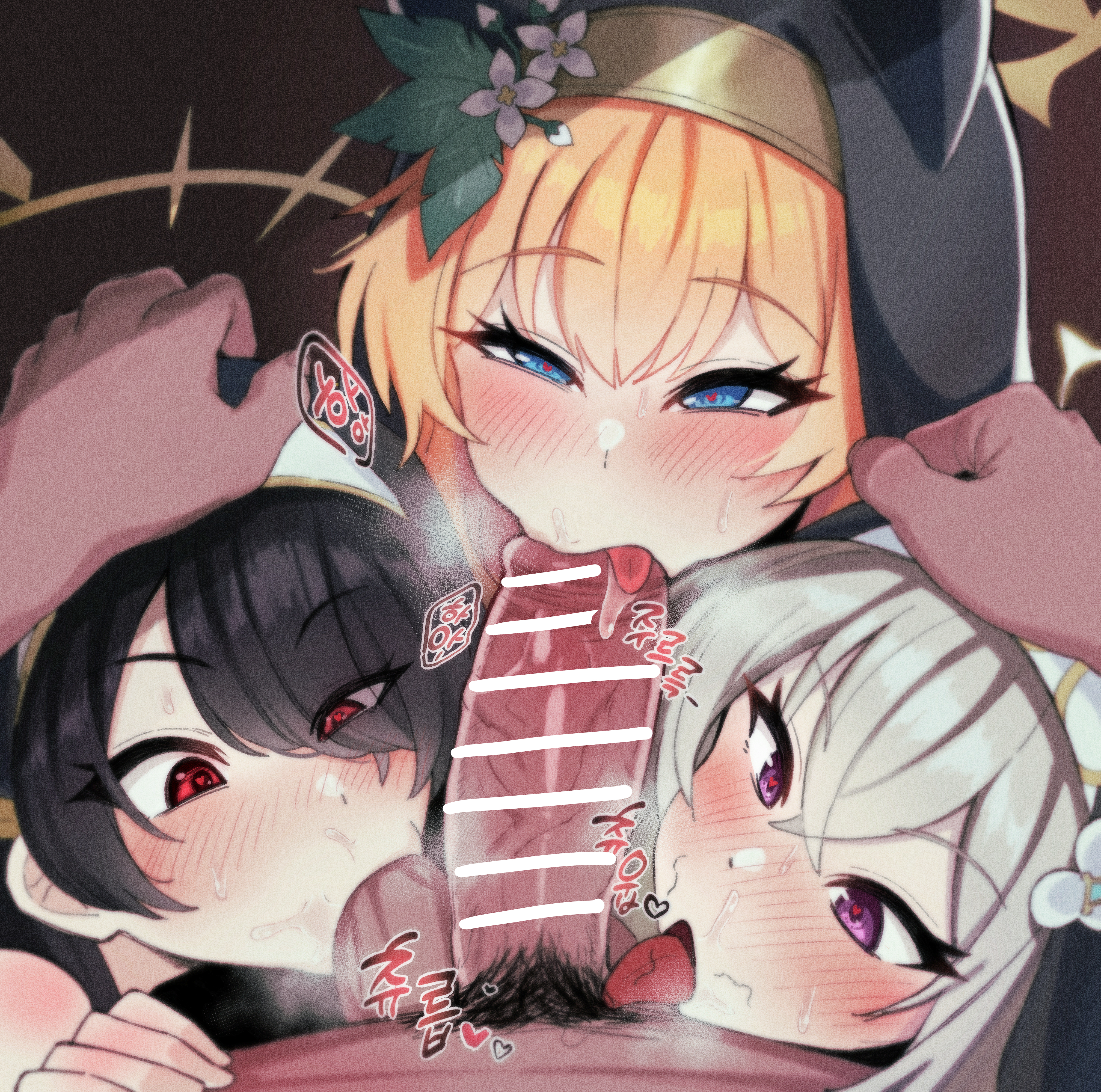 1boy, 3girls, artist request, balls, blowjob, blue archive, censored, collaborative fellatio, eye contact, female, halo, hinata (blue archive), licking penis, male, mari (blue archive), nun, oral, penis, pov, sakurako (blue archive), seductive eyes, seductive mouth, sucking balls, sucking testicles, testicles, tongue, tongue out, triple fellatio