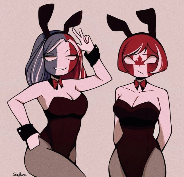 2girls canada_(countryhumans) countryhumans countryhumans_girl france_(countryhumans) multicolored_face multicolored_hair playboy playboy_bunny playboy_bunny_costume saylluna short_hair white_eyes