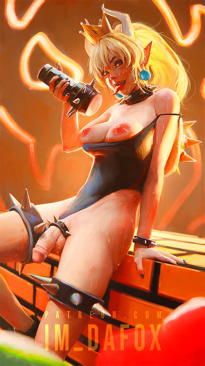 1futa 2d 2d_artwork areolae blonde_hair bowsette bracelets breasts cock_ring exposed_breasts flaccid_penis fleshlight futa_only futanari im_dafox large_breasts leotard leotard_aside long_ears looking_at_viewer mario_(series) new_super_mario_bros._u_deluxe nintendo nipples simple_background spikes tongue tongue_out