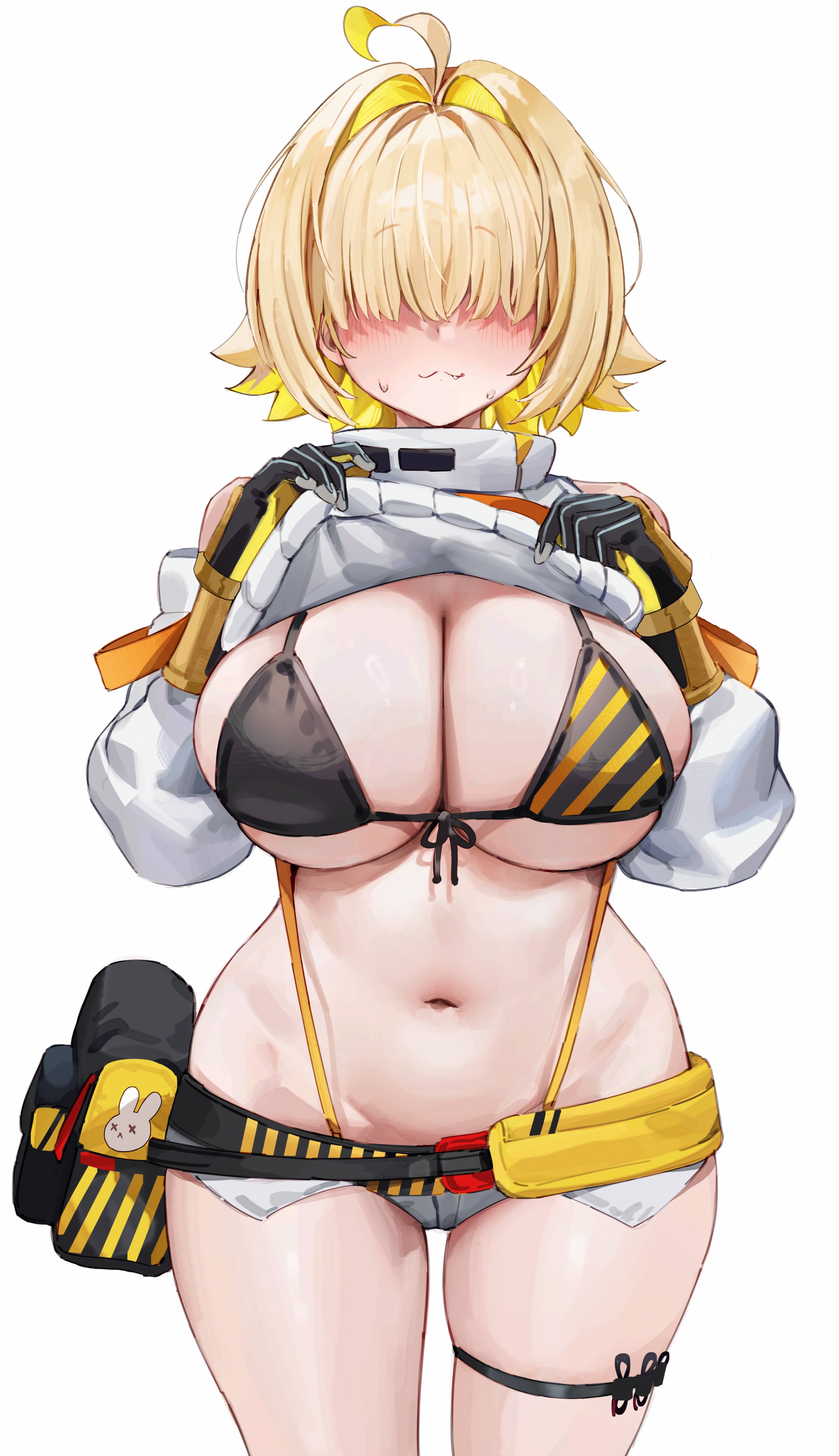 :3, 1girls, 2d, ahoge, belly, belly button, big breasts, bikini top, blonde hair, blush, blushing, bra, breasts, breasts out, cleavage, elegg (nikke), female, female only, fully clothed, fungi (fungi542/gompang 11), fungi 542, gloves, goddess of victory: nikke, hair over eyes, large breasts, light skin, light-skinned female, navel, pale skin, pale-skinned female, revealing clothes, shirt lift, shirt up, short shorts, shorts, showing breasts, simple background, skimpy clothes, snaggle tooth, solid color background, suspenders, sweatdrop, thick thighs, thigh gap, thigh strap, thighs, two-tone hair, white background, wide hips
