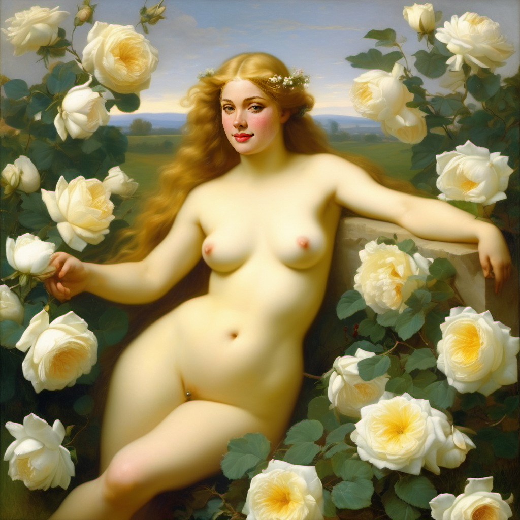 ai_generated belly blonde_hair blue_eyes breasts curly_hair curvy female flower flowers lips long_hair medium_breasts navel nipples nude presenting realistic rose_(flower) smile solo white_rose william_bouguereau