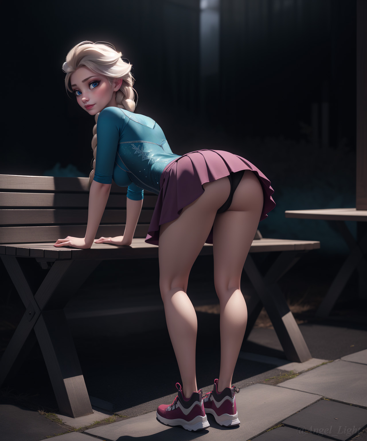 ai generated, angel light, angel light (artist), ass, blue eyes, clothing, disney, disney princess, elsa (frozen), female, from behind, frozen (film), night, panties, princess, skirt, small breasts, white hair