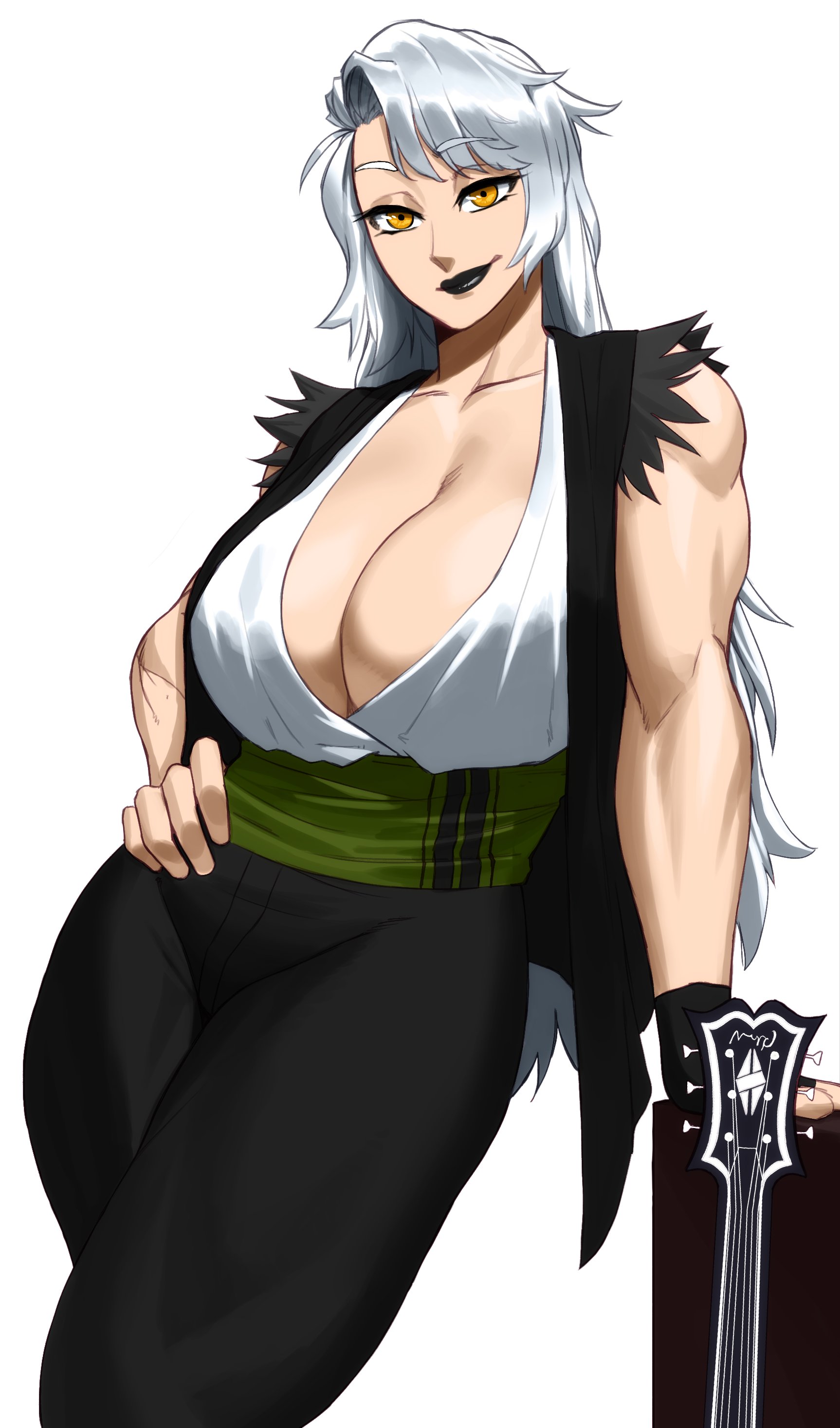 1girls, amber eyes, big breasts, black lipstick, breasts, cleavage, commission, female, female only, hand on hip, leaning on hand, long hair, looking at viewer, muscular, muscular female, smiling, smiling at viewer, solo, solo focus, sotcho, very high resolution, white background, white hair