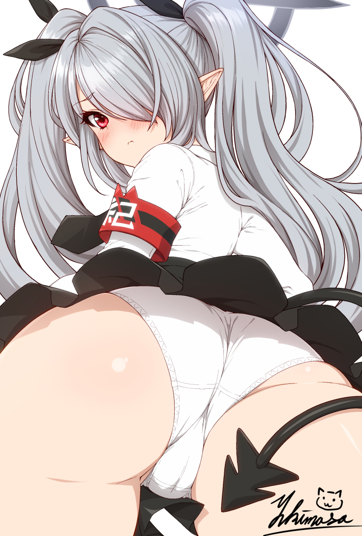 :<, ass, ass focus, blue archive, cameltoe, female, from behind, gehenna academy student, huge ass, huge thighs, iori (blue archive), looking back, panties, pantyshot, prefect team (blue archive), pussy, rear view, signature, thick thighs, wide hips, yukimasa (nkk145)