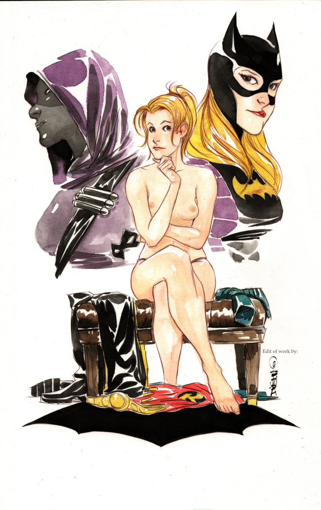 1girls barefoot batgirl batgirl_(stephanie_brown) batman_(series) blonde_hair breasts dc dc_comics dustin_nguyen edit female nipples nude panties photoshop robin_(dc) robin_(stephanie_brown) sketch solo spoiler_(dc) stephanie_brown white_background