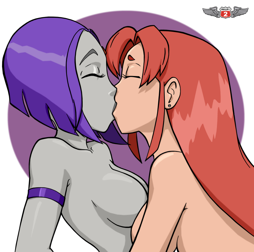 2girls bob_cut breasts closed_eyes dc dc_comics female female_only fluffy_(artist) grey_skin interspecies kissing long_hair multiple_girls nude phillipthe2 purple_background purple_hair rachel_roth raven_(dc) red_hair smooth_skin starfire symmetrical_docking tamaranean teen_titans white_background yuri