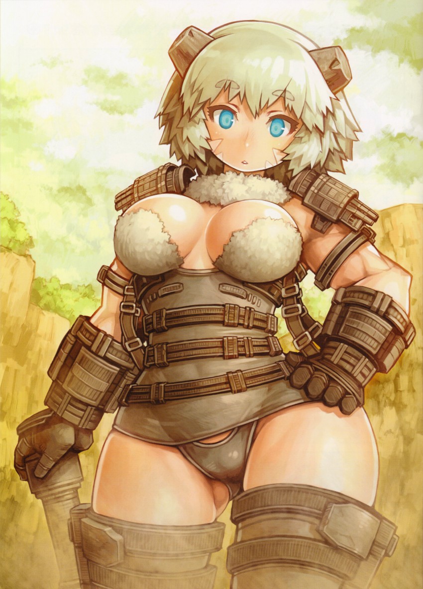 armor beige_skin blue_eyes breasts cleavage clothes color day female female_only front_view hair hand_on_hip looking_at_viewer open_eyes outdoors rule_63 shadow_of_the_colossus shigatake short_hair solo sony standing thighhighs valus weapon