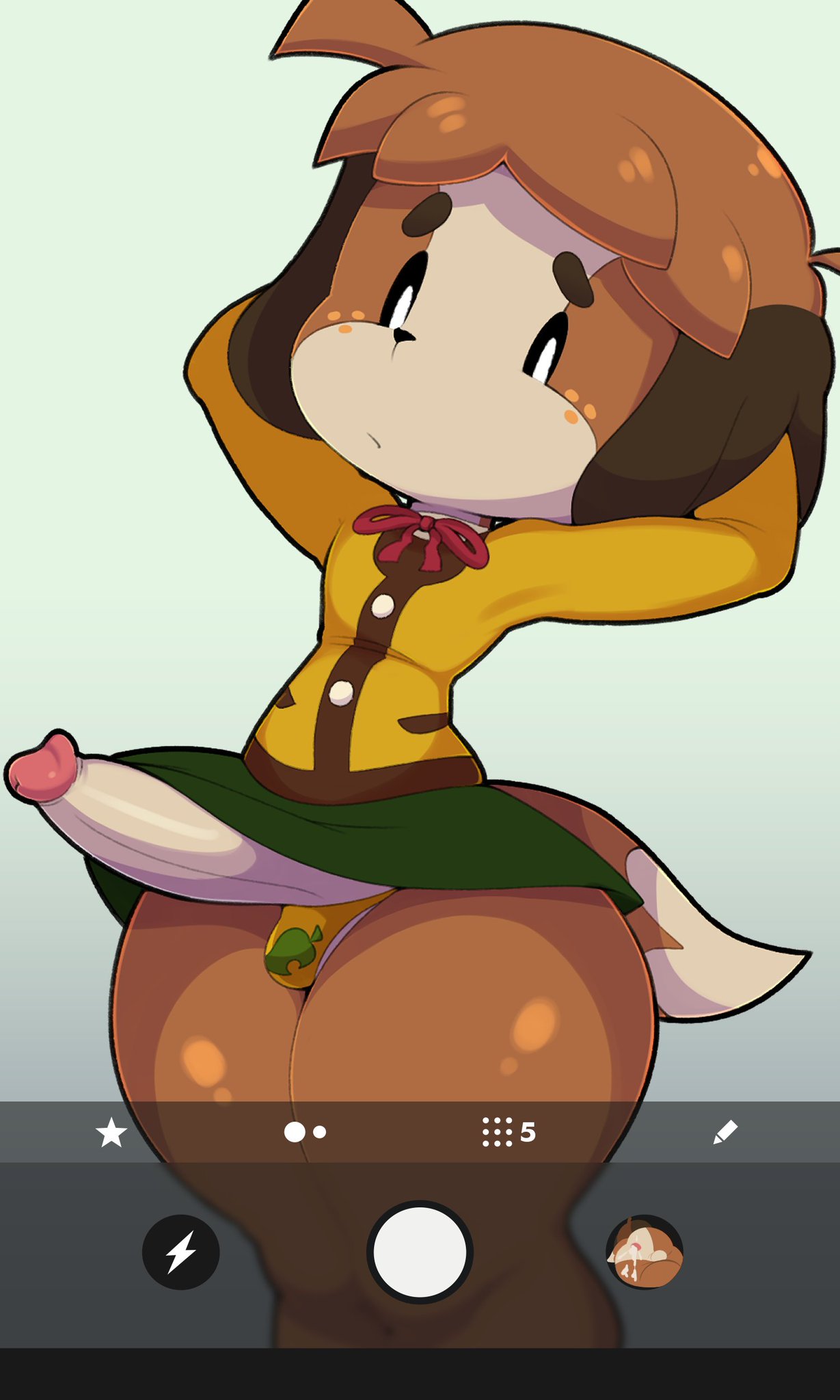 animal_crossing anthro black_border blouse border bottomwear canid canine canis ciavs clothed clothing clothing_lift crossdressing digby_(animal_crossing) domestic_dog embarrassed genitals hands_behind_head hi_res male mammal monochrome nintendo panties penis phone_camera skirt skirt_lift solo string_bow thick_thighs topwear underwear