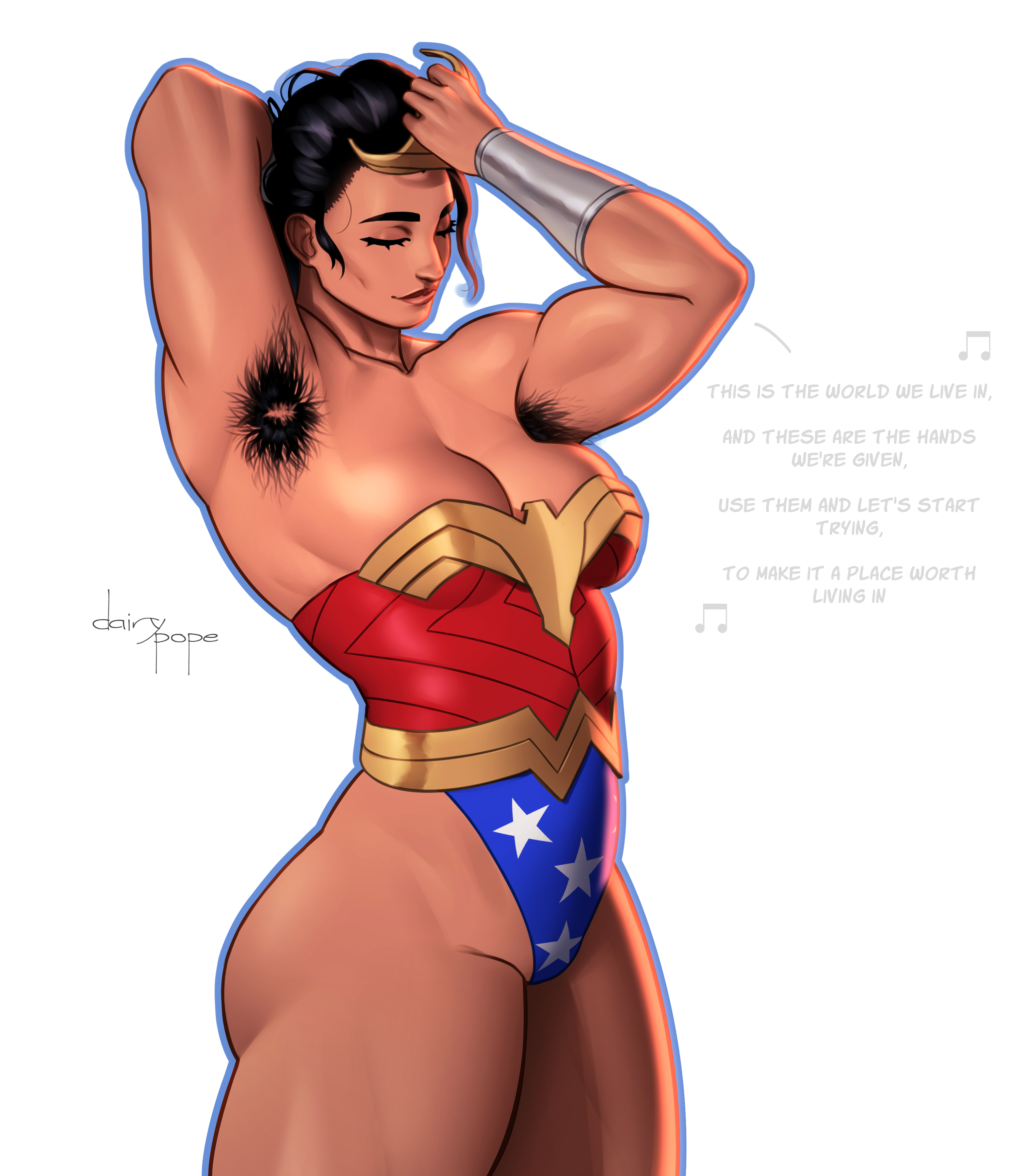 1girls, armpit hair, armpits, artist name, black hair, bracelet, breasts, busty, cleavage, closed eyes, dc, dc comics, diana prince, english text, female, hairy armpits, light skin, light-skinned female, muscular, muscular female, muscular thighs, pope of dairy, singing, superheroine, thick thighs, thighs, tiara, wonder woman, wonder woman (series)