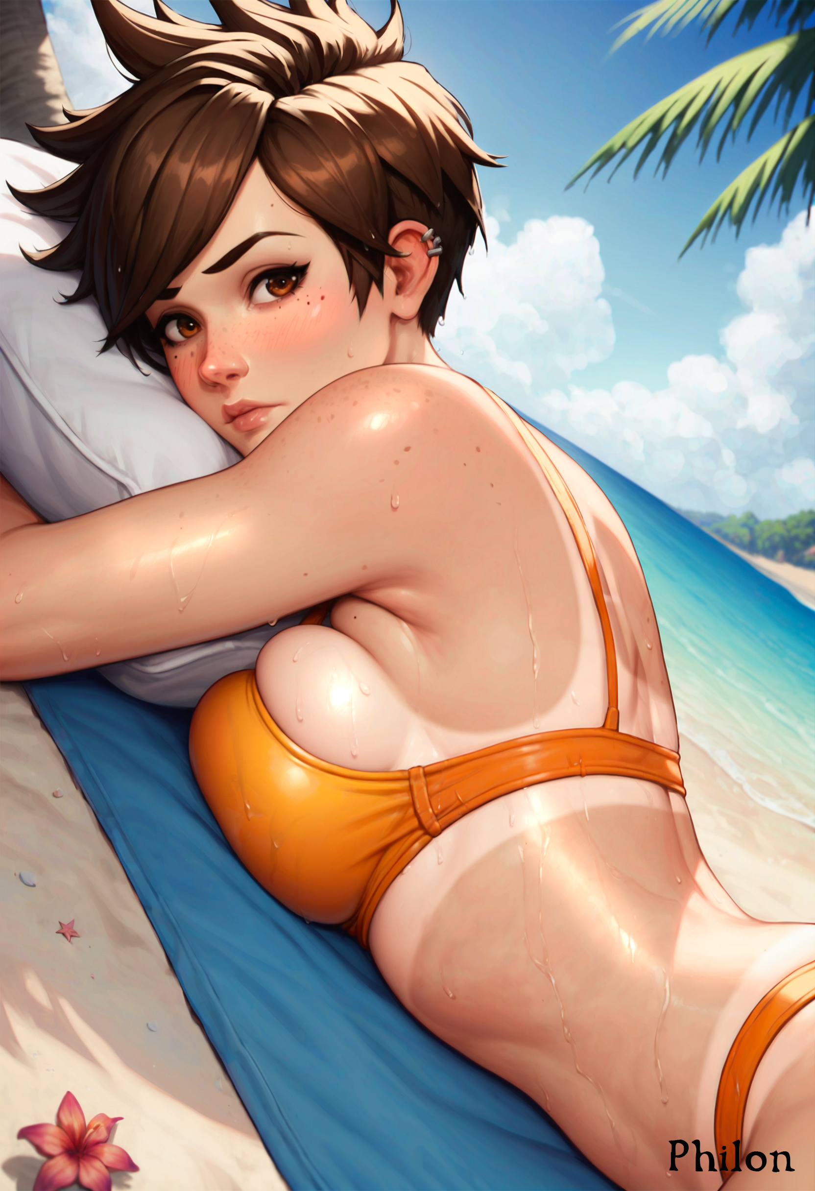 1girls, ai generated, beach, bikini, bikini tan, blue sky, blush, body freckles, breast press, breasts, brown eyes, brown hair, closed mouth, cloud, day, dutch angle, ear piercing, female, female only, flower, freckles, from side, hazel eyes, helix piercing, large breasts, lips, looking at viewer, lying, mole, nose, ocean, on stomach, orange bikini, outdoors, overwatch, overwatch 2, palm tree, philon, piercing, pillow, pillow hug, short hair, sideboob, sky, solo, spiked hair, stable diffusion, starfish, sweat, swimsuit, tan, tanlines, tomboy, towel, tracer, tree, wet
