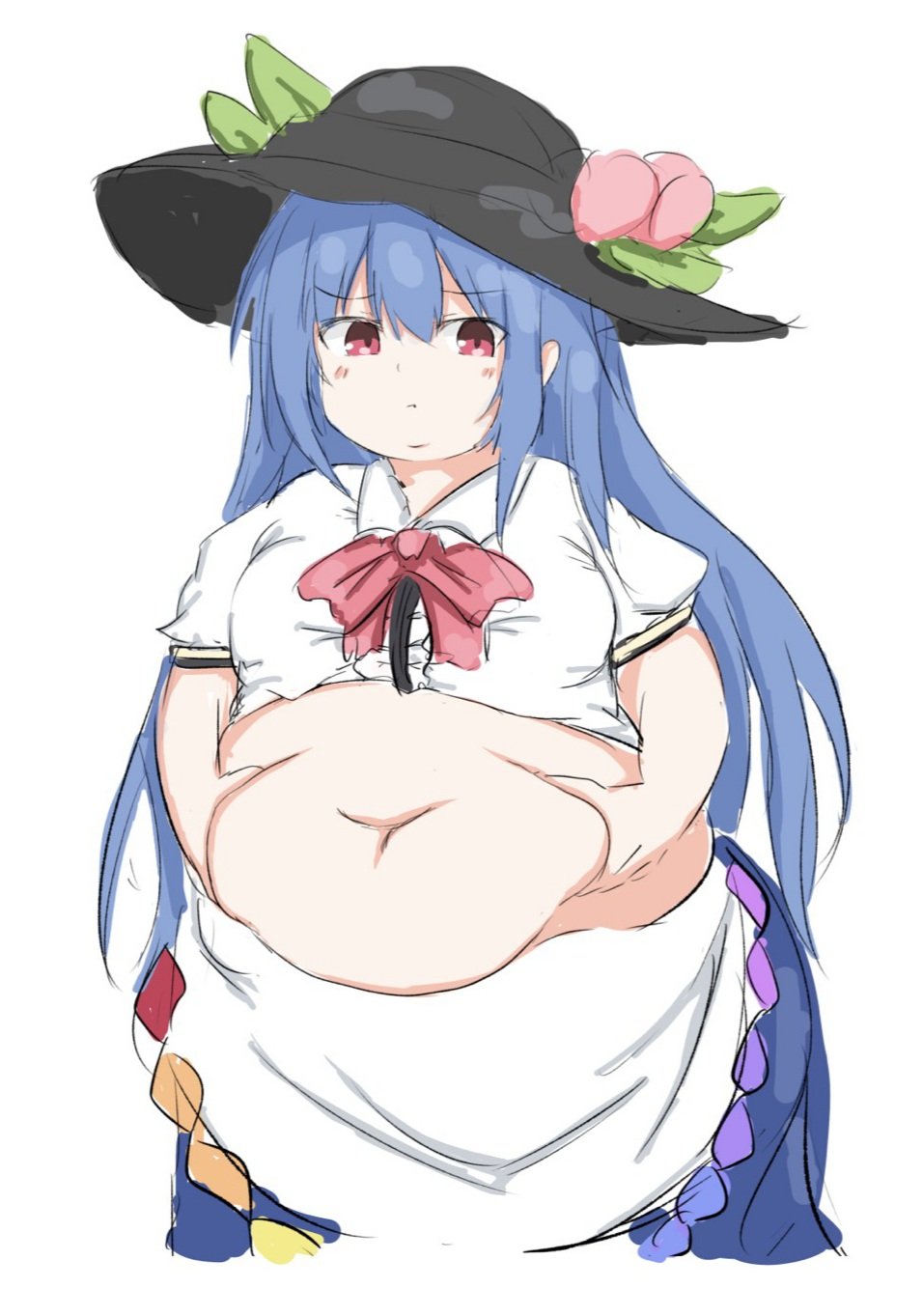 bbw belly_grab belly_overhang big_belly big_female blue_hair blush chubby chubby_female double_chim embarrassed fat fat_female fat_fetish fat_girl fat_woman fatty grabbing_belly holding_belly large_female obese obese_female overweight overweight_female plump pork_chop squishing_belly tenshi_hinanawi thick_thighs touhou tubby weight_conscious weight_gain