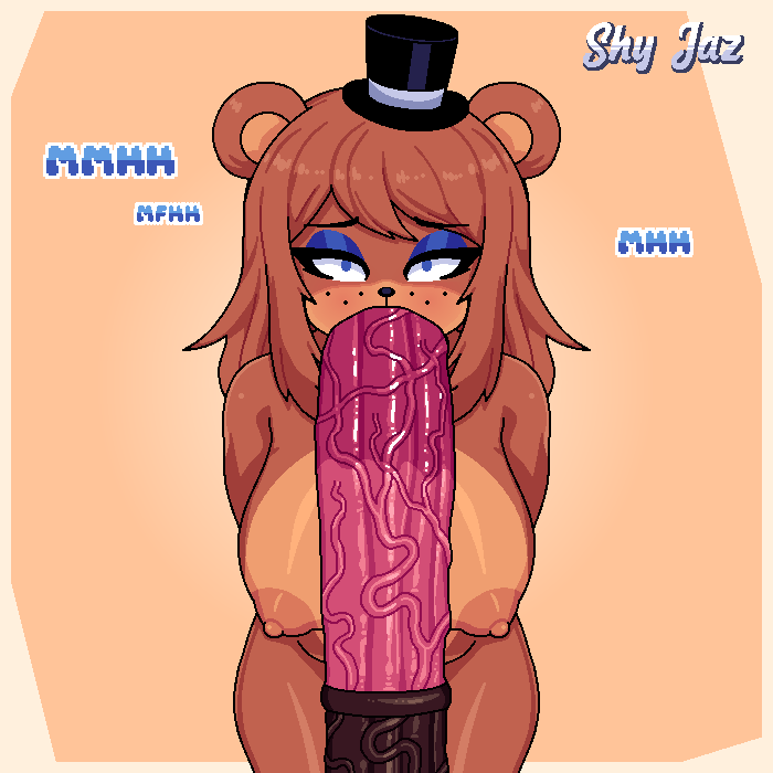 animatronic bear_ears blowjob blue_eyes blue_eyeshadow blush bow_tie bowtie breasts brown_body brown_hair ear equine_genitalia equine_penis eyeshadow fellatio five_nights_at_freddy's freddy_(fnaf) fredina's_nightclub fredina_(cally3d) frenni_fazclaire horsecock looking_up naked oral rape robot robot_girl saliva shy_jaz simple_background standing straight text top_hat vagina zoophilia