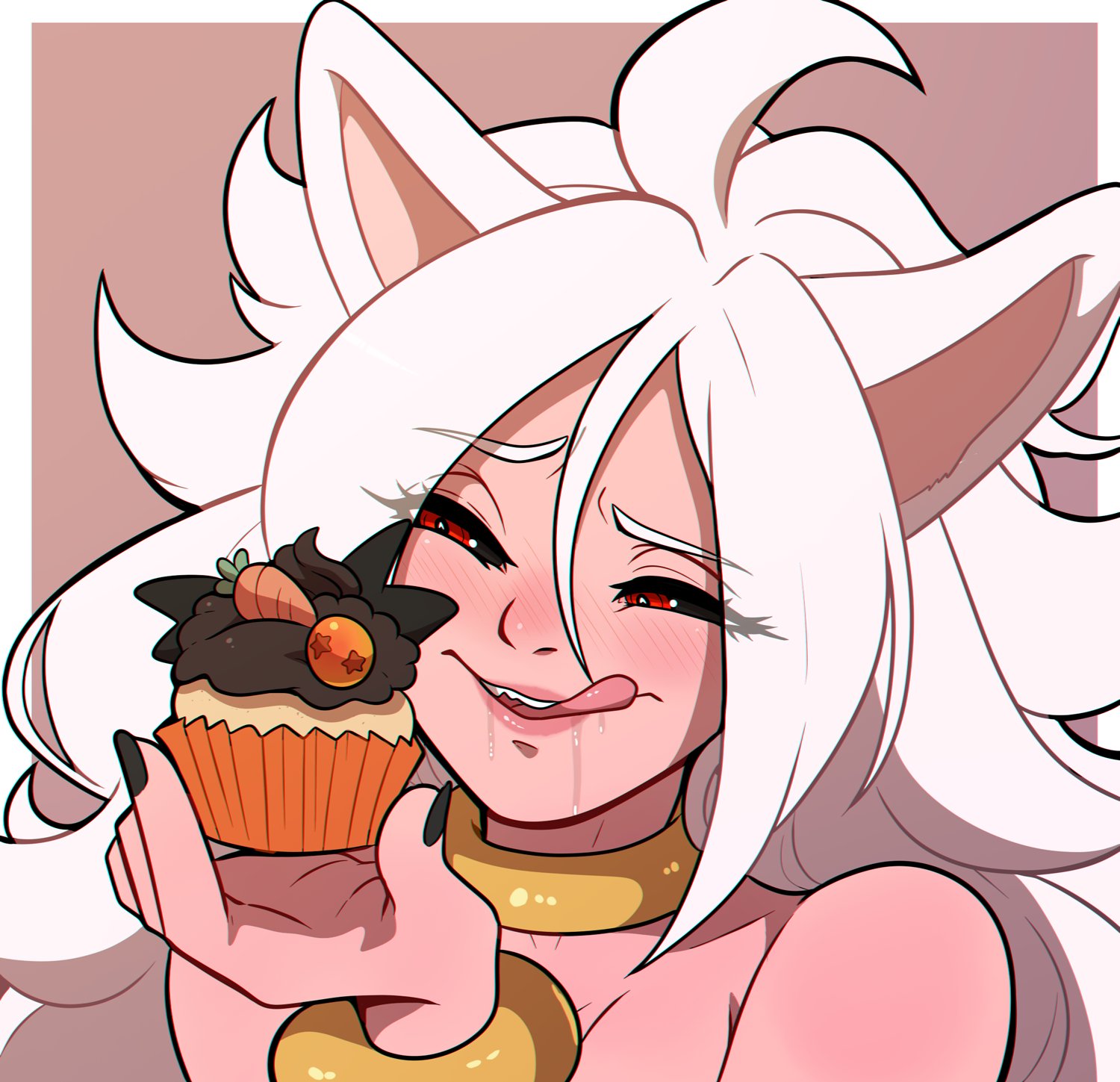 1girls, ahoge, android 21, android 21 (evil), black sclera, blush, bracelet, cat ears, collar, cupcake, dragon ball, dragon ball fighterz, drooling, female, female only, food, hi res, kinkymation, licking lips, long hair, majin, majin android 21, narrowed eyes, pink body, pointy ears, red eyes, smiling, solo, white hair