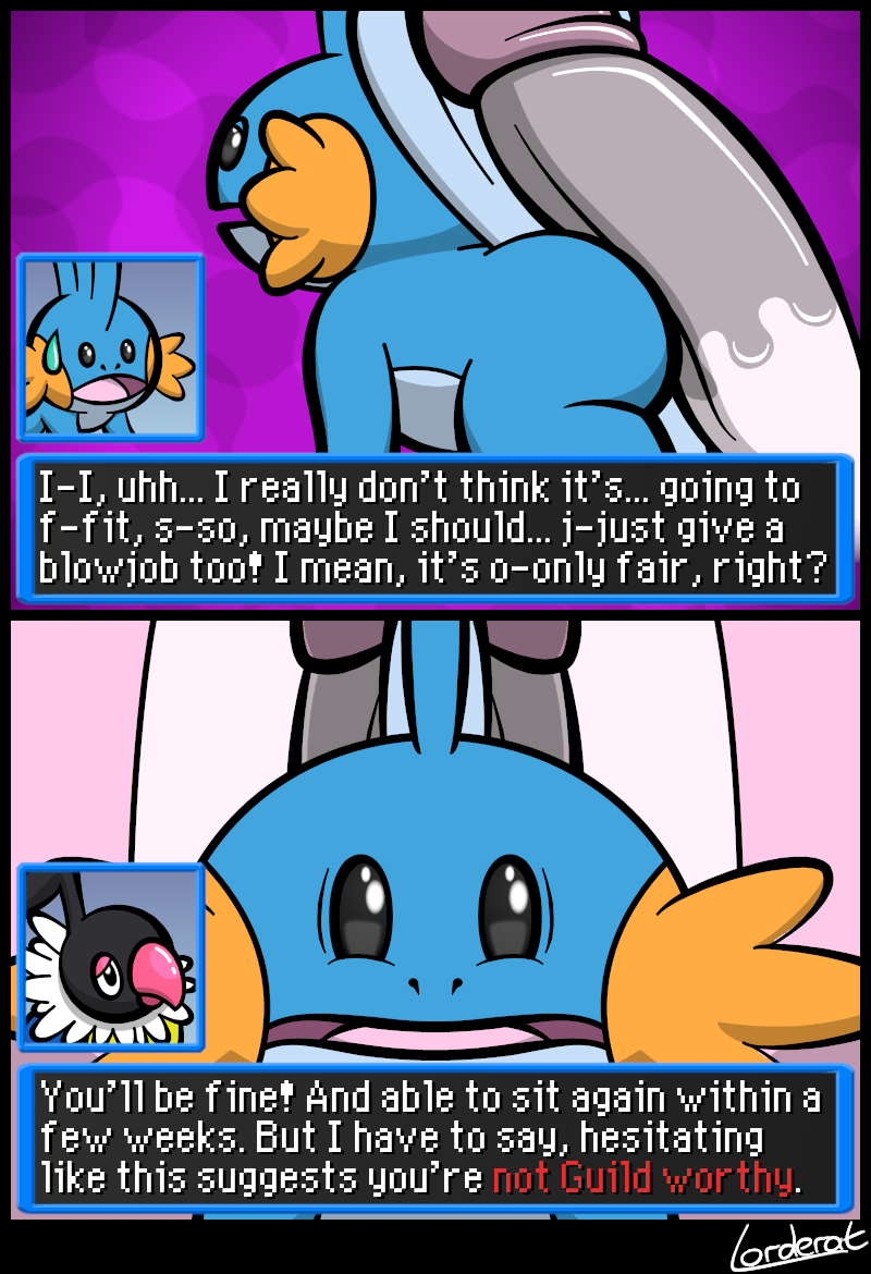 2020 2_panel_comic ambiguous_gender anthro ass big_penis black_border black_eyes blue_body blue_butt blue_skin bodily_fluids border chatot chatot_(eotds) circumcised dialogue duo english_text erection exclamation_point fin front_view frown fur generation_1_pokemon generation_3_pokemon generation_4_pokemon genitals glans guildmaster_wigglytuff head_fin hesitant huge_cock humanoid_genitalia humanoid_penis imminent_anal imminent_sex lorderat male male/male male_(lore) mudkip nintendo nude open_mouth penis pink_body pink_fur pink_glans pink_penis pokemon pokemon_(species) pokemon_mystery_dungeon purple_background question_mark sequence shocked side_view simple_background spike_chunsoft stuttering surprise sweat sweatdrop text text_box tongue unsure wigglytuff