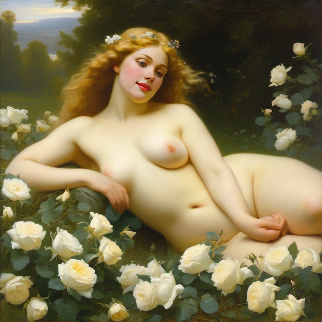 ai_generated belly blonde_hair blue_eyes breasts curly_hair curvy female flower flowers lips long_hair medium_breasts navel nipples nude presenting realistic rose_(flower) smile solo white_rose william_bouguereau