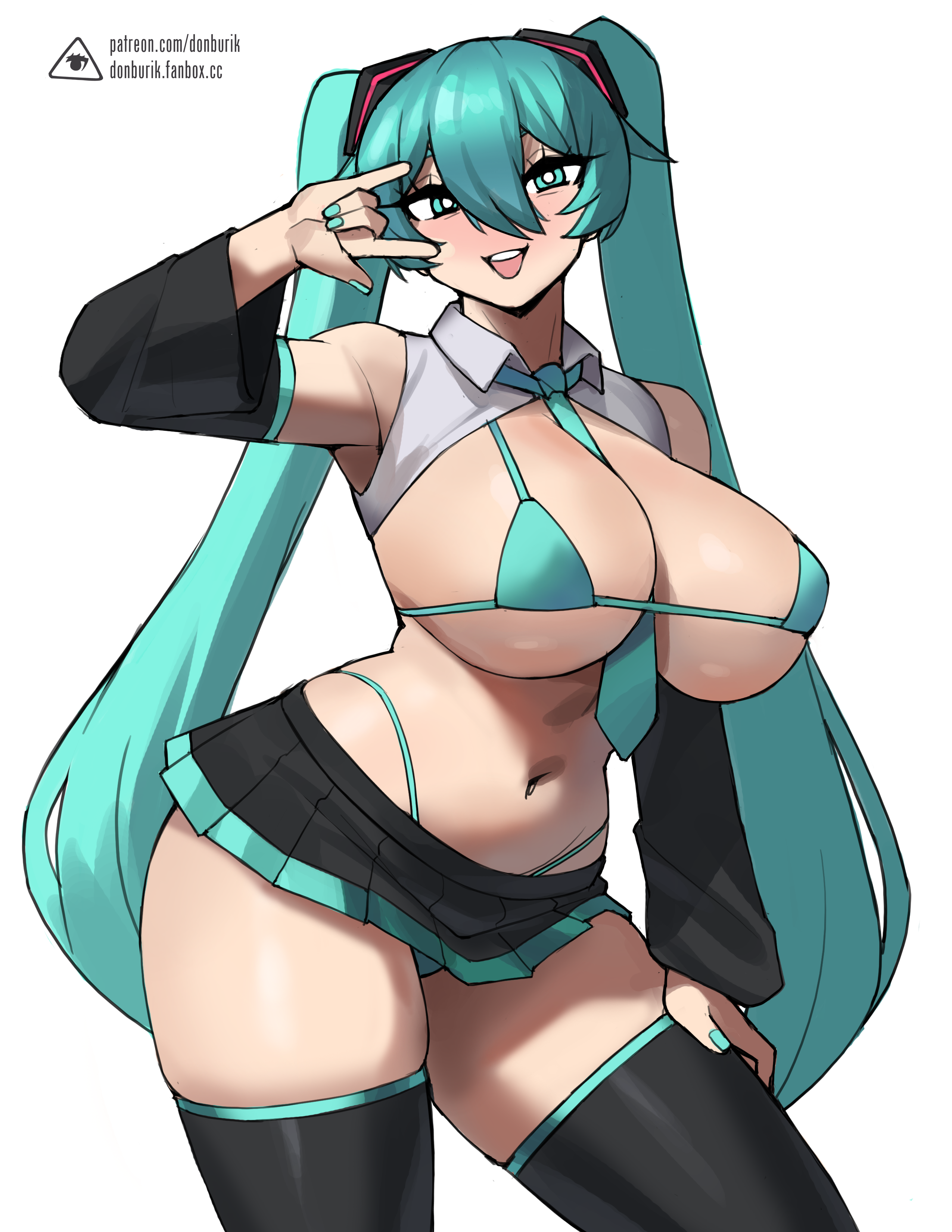 1girl, 1girls, alternate breast size, aqua eyes, aqua hair, aqua nails, aqua necktie, between breasts, bikini, breasts, detached sleeves, donburikazoku, female, hatsune miku, hatsune miku (collared bikini), heart, heart-shaped pupils, highleg, hips, huge breasts, large breasts, long hair, looking at viewer, micro bikini, midriff, navel, necktie, necktie between breasts, open mouth, panties, short skirt, simple background, skirt, smile, solo, string panties, swimsuit, symbol-shaped pupils, thick thighs, thighhighs, twintails, underwear, very long hair, vocaloid, white background, wide hips