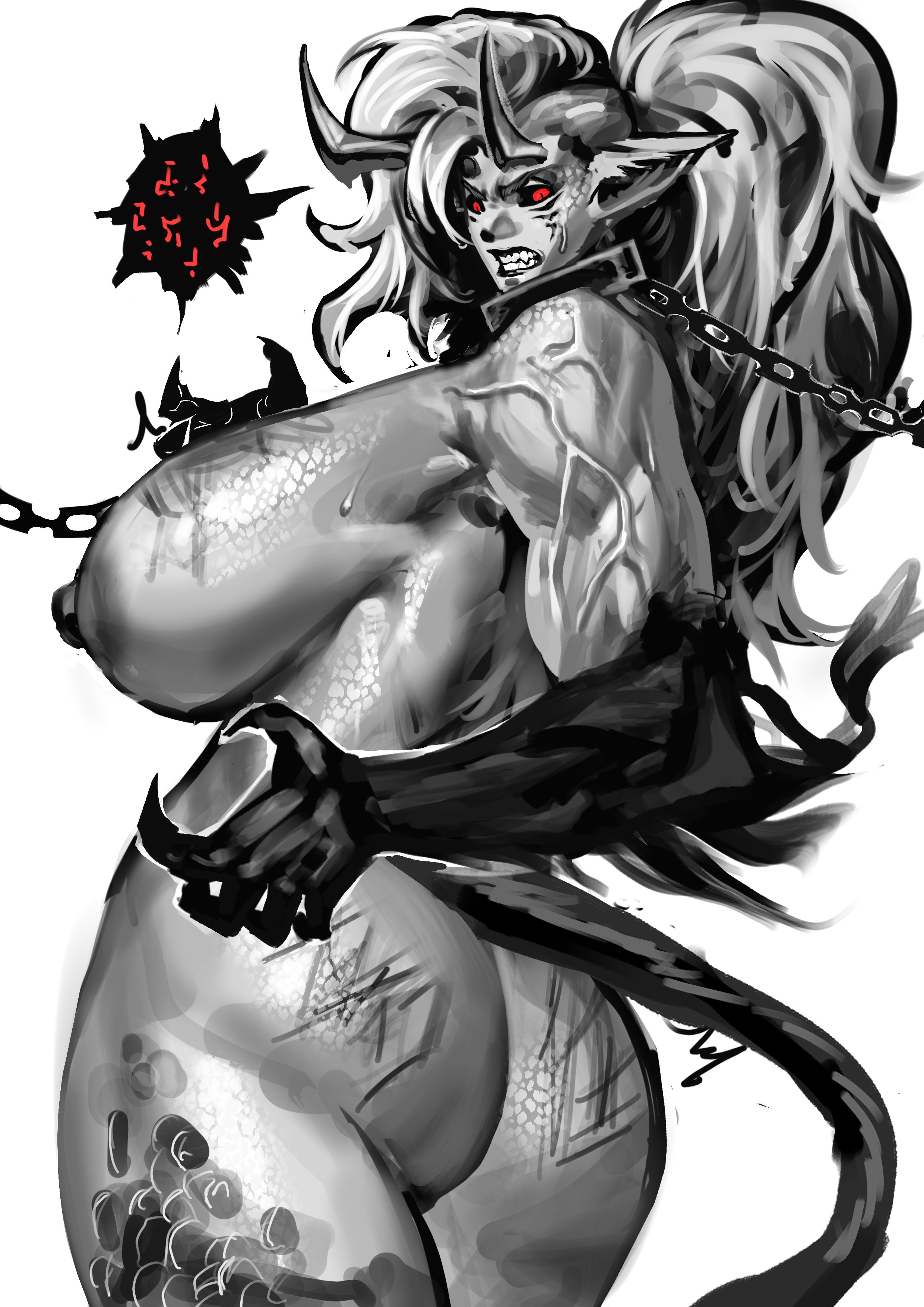 angry, ass, big ass, big breasts, big female, bondage, bound, breasts, bubble ass, bubble butt, chained, curvy, curvy body, curvy female, curvy figure, demon, demon girl, demon horns, demon tail, female, horns, leash, looking at viewer, male, muscular, muscular female, muscular male, tagme, veins, virgoart1509, voluptuous, voluptuous female