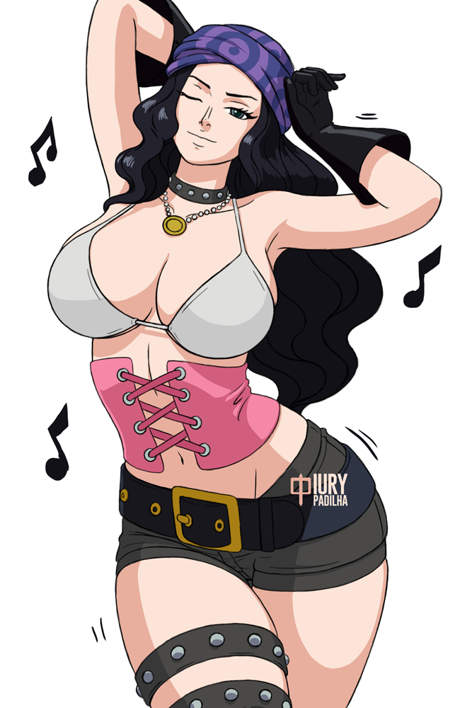 1girls, bandana, belt, belt buckle, big breasts, black hair, black-haired female, bra, breasts, choker, cleavage, corset, curvy, female, female only, iury padilha, linea alba, long hair, navel, necklace, nico robin, one piece, one piece film red, posing, short shorts, shorts, solo, thick thighs, thighband, voluptuous, white bra
