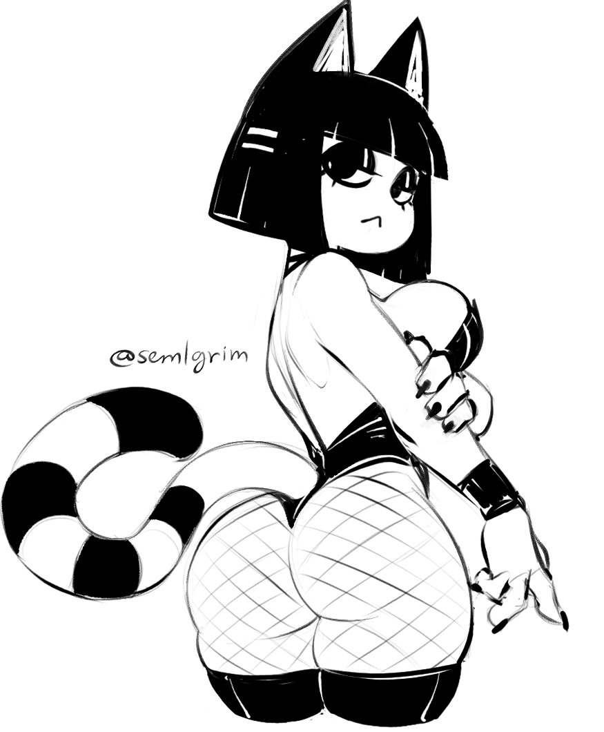 animal_crossing ankha ankha_(animal_crossing) ass back_view big_ass big_breasts black_and_white black_eyeshadow blunt_bangs bubble_butt expressionless female fishnet_pantyhose fishnets goth goth_ankha leotard looking_at_viewer looking_back narrowed_eyes nintendo sem-l-grim tagme tail unamused white_background