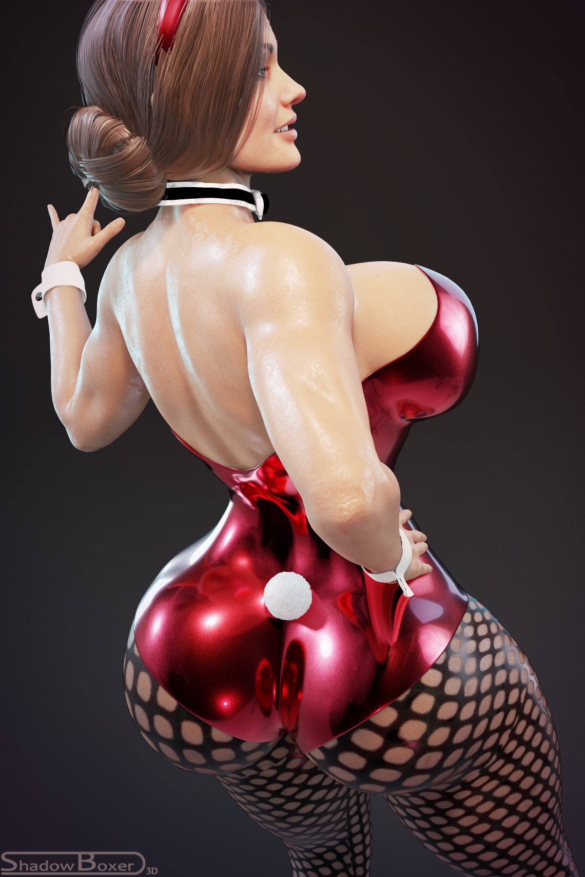 1girls, 3d, alternate version available, ass, big ass, big breasts, breasts, bunnysuit, choker, dc, dc comics, diana prince, female, female only, fishnets, hair bun, injustice 2, rear view, shadowboxer, solo, wonder woman, wonder woman (series)