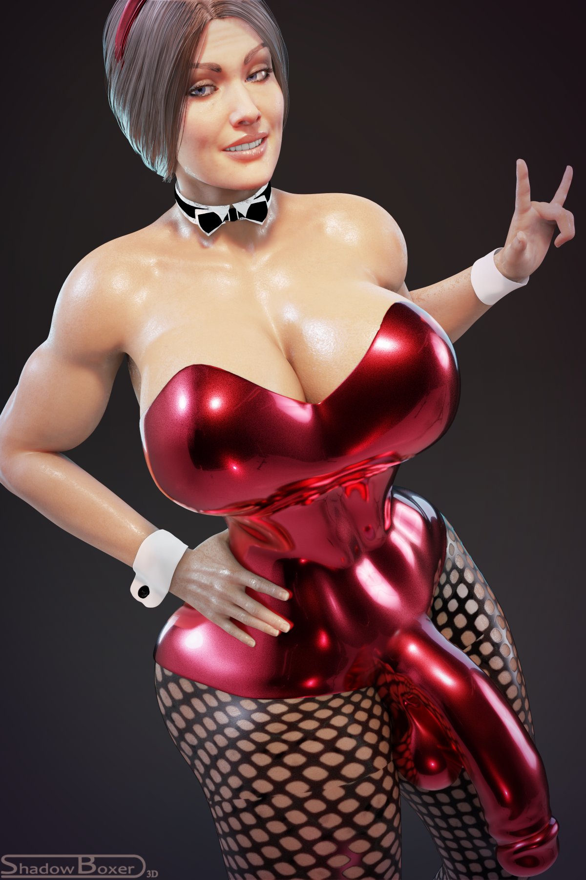 1futa, 3d, alternate version available, balls, big balls, big breasts, big penis, breasts, bunnysuit, cameltail, choker, cock sleeve (clothes), dc, dc comics, detailed bulge, diana prince, erection under clothes, futa only, futanari, injustice 2, intersex, olive skin, penis, penis under clothes, shadowboxer, solo, wonder woman, wonder woman (series)