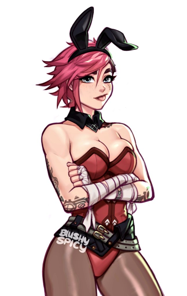 1girls, bandage, blushypixy, blushyspicy, bunny ears, bunnysuit, child bearing hips, female, female focus, female only, league of legends, league of legends: wild rift, legwear, leotard, pink hair, riot games, simple background, smile, smiling, smiling at viewer, solo, solo female, solo focus, tattoos, thick thighs, thighhighs, thighs, vi, white background