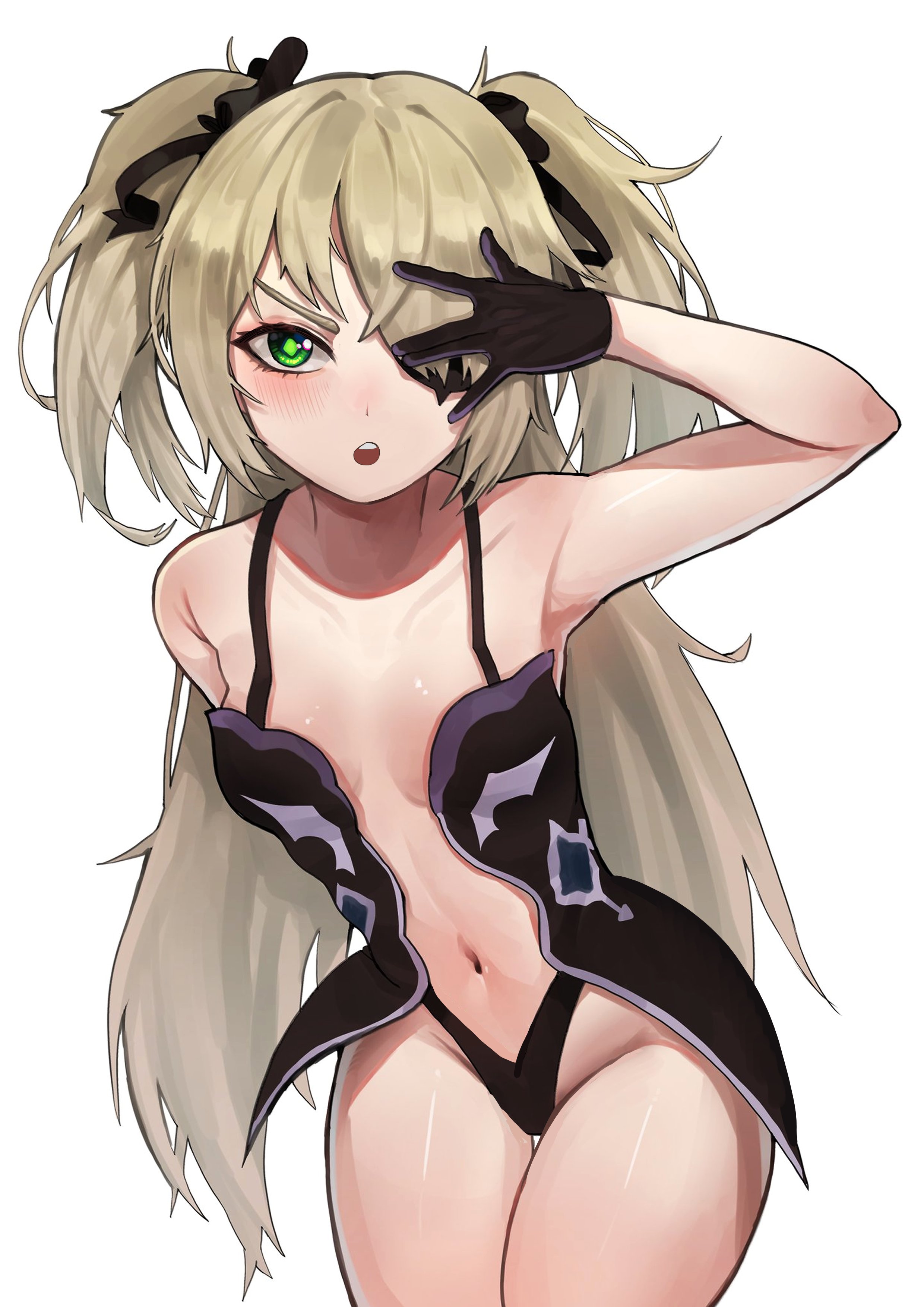 armpits, belly, belly button, blonde hair, blush, breasts, eungi, eyepatch, female, fischl (genshin impact), genshin impact, gloves, hips, revealing clothes, thick thighs, thighs, tummy