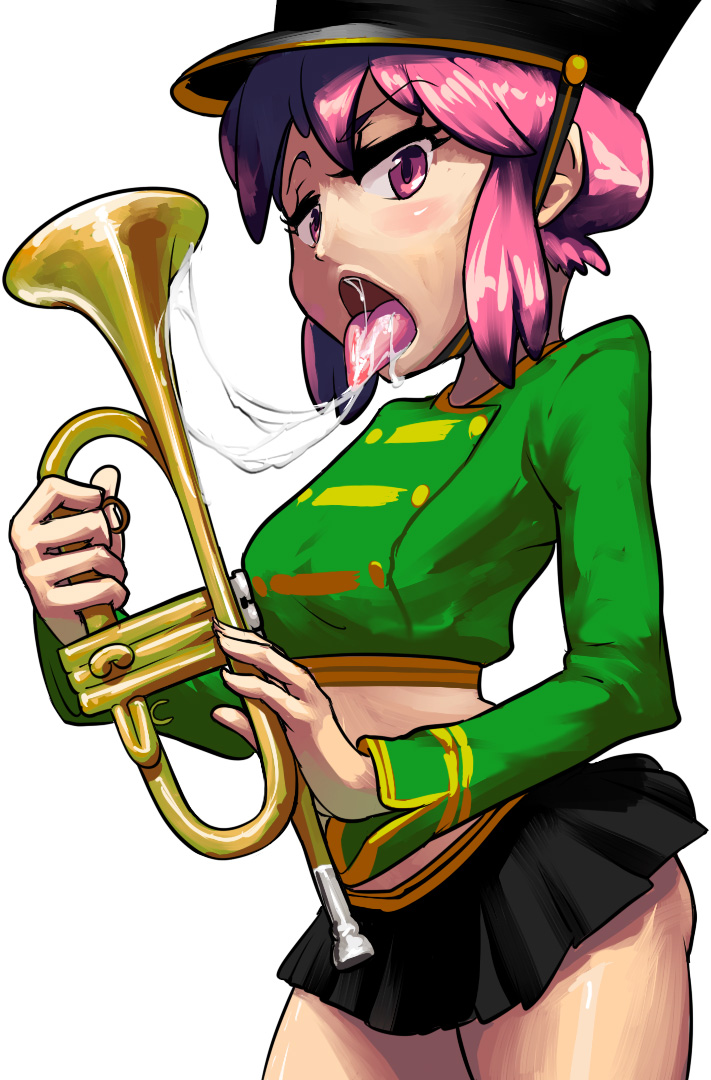 1girls ass band_uniform brass_instrument destination_calabria female female_focus female_only hat instrument jakuzure_nonon kill_la_kill licking marching_band_uniform midriff musical_instrument pink_hair saliva sexually_suggestive shako_cap short_skirt skirt sloppy solo solo_female thighs tongue tongue_out triple-q trumpet white_background wind_instrument