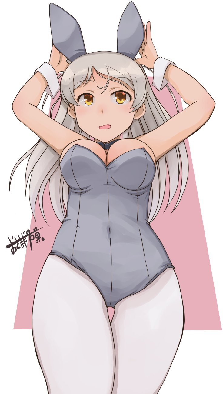 animal_ears breasts conte_di_cavour_(kantai_collection) fake_animal_ears feet_out_of_frame female grey_legwear grey_leotard highres kantai_collection large_breasts leotard long_hair osamada_meika pantyhose rabbit_ears signature silver_hair solo strapless strapless_leotard wrist_cuffs yellow_eyes