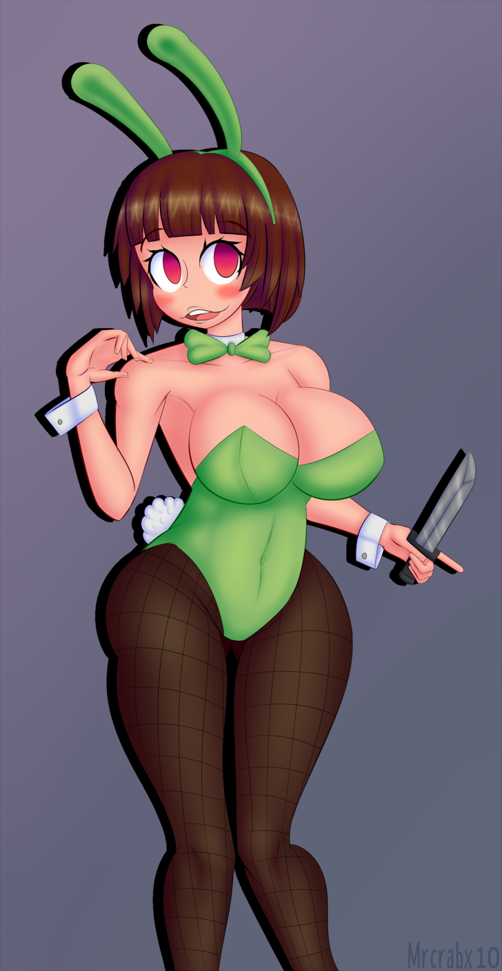 big_breasts blush breasts brown_hair bunny_ears bunny_girl bunnysuit chara female female_only holding_knife knife light_skin mrcrabx10 red_eyes short_hair smile smiling thick_thighs undertale voluptuous white_skin wide_hips