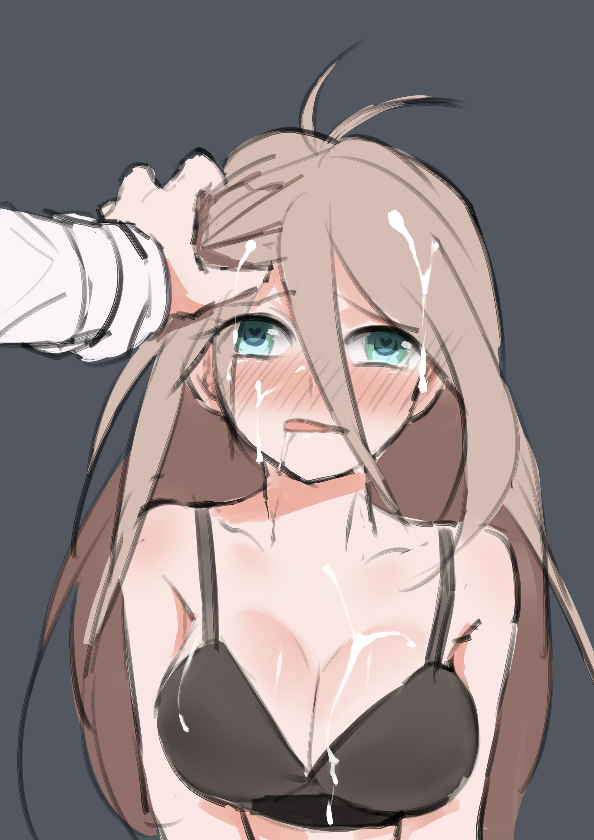 1boy, 1girls, big breasts, black bra, blonde hair, blue eyes, blush, bra, breasts, cleavage, cross neko, cum, cum on breasts, cum on face, cum on hair, cum on upper body, danganronpa, danganronpa v3, drooling, female, female focus, hair grab, hand on head, heart-shaped pupils, iruma miu, licking lips, light skin, male, ouma kokichi, solo focus, straight hair