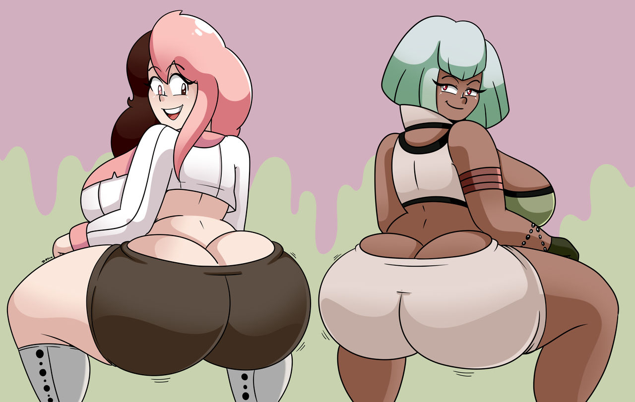 2022, 2girls, ass, ass cleavage, ass crack, big ass, boots, butt crack, clothing, daisy-pink71, dark skin, dark-skinned female, emerald sustrai, female, female only, heterochromia, hotpants, huge ass, hype ass, hyper, hyper breasts, looking at viewer, looking back, midriff, neo (rwby), red eyes, rwby, shorts, smile, thick thighs, twerking, twerkoff, two-tone hair
