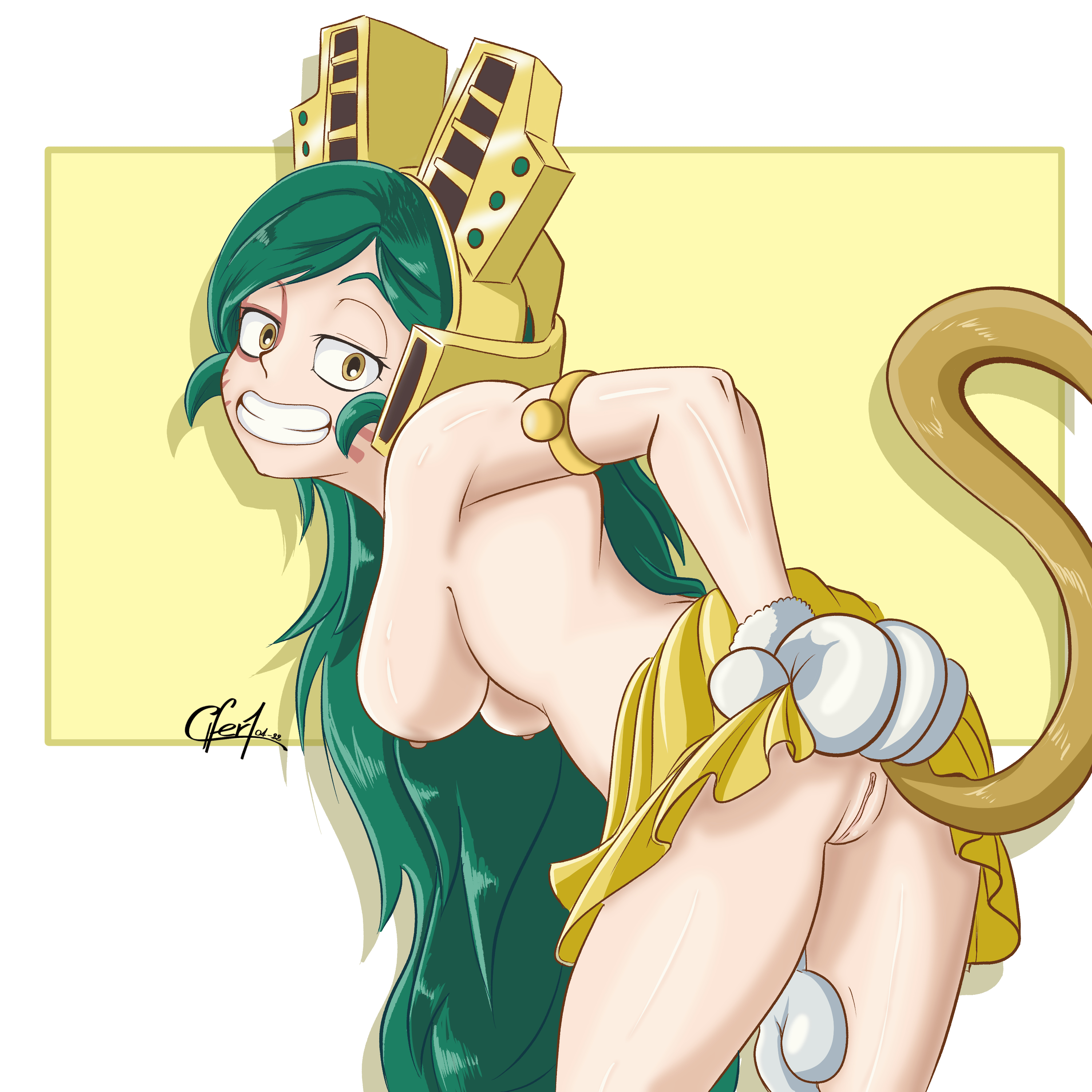 1girls, 2d, areolae, ass, breasts, cat ears, cat tail, cifer, female, female focus, female only, green hair, highres, leaning, leaning forward, lifting skirt, long hair, looking at viewer, looking back, my hero academia, naked, naked female, nipples, nude, nude female, presenting, presenting pussy, pussy, ragdoll (my hero academia), skirt, skirt lift, smile, smiling at viewer, solo, solo female, tagme, thighs, tomoko shiretoko, vagina, viewed from behind, wild wild pussycats, yellow eyes, yellow skirt