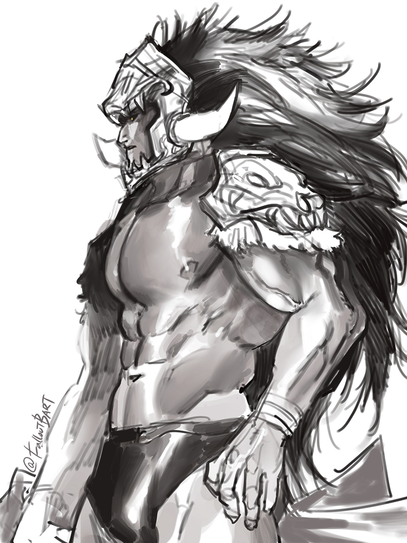 1boy 2022 abs bulge deity demigod elden_ring falloutbart fromsoftware male male_focus male_only monochrome muscular_male partially_clothed starscourge_radahn topless white_background