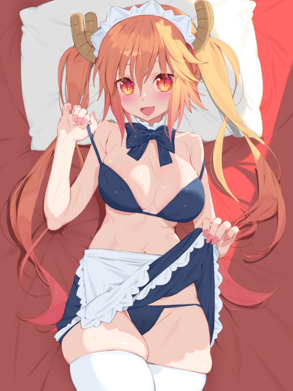 1girls, 2d, 2d animation, 3:4, animated, animated gif, apron, big breasts, breasts, dragon girl, eye contact, female, female focus, female only, gif, horns, legwear, looking at viewer, maid, maid headdress, maid uniform, miss kobayashi's dragon maid, monster girl, orange eyes, solo, thick thighs, thigh gap, thighhighs, thighs, tohru (dragon maid), twintails, two-tone hair, vertical video, waterring
