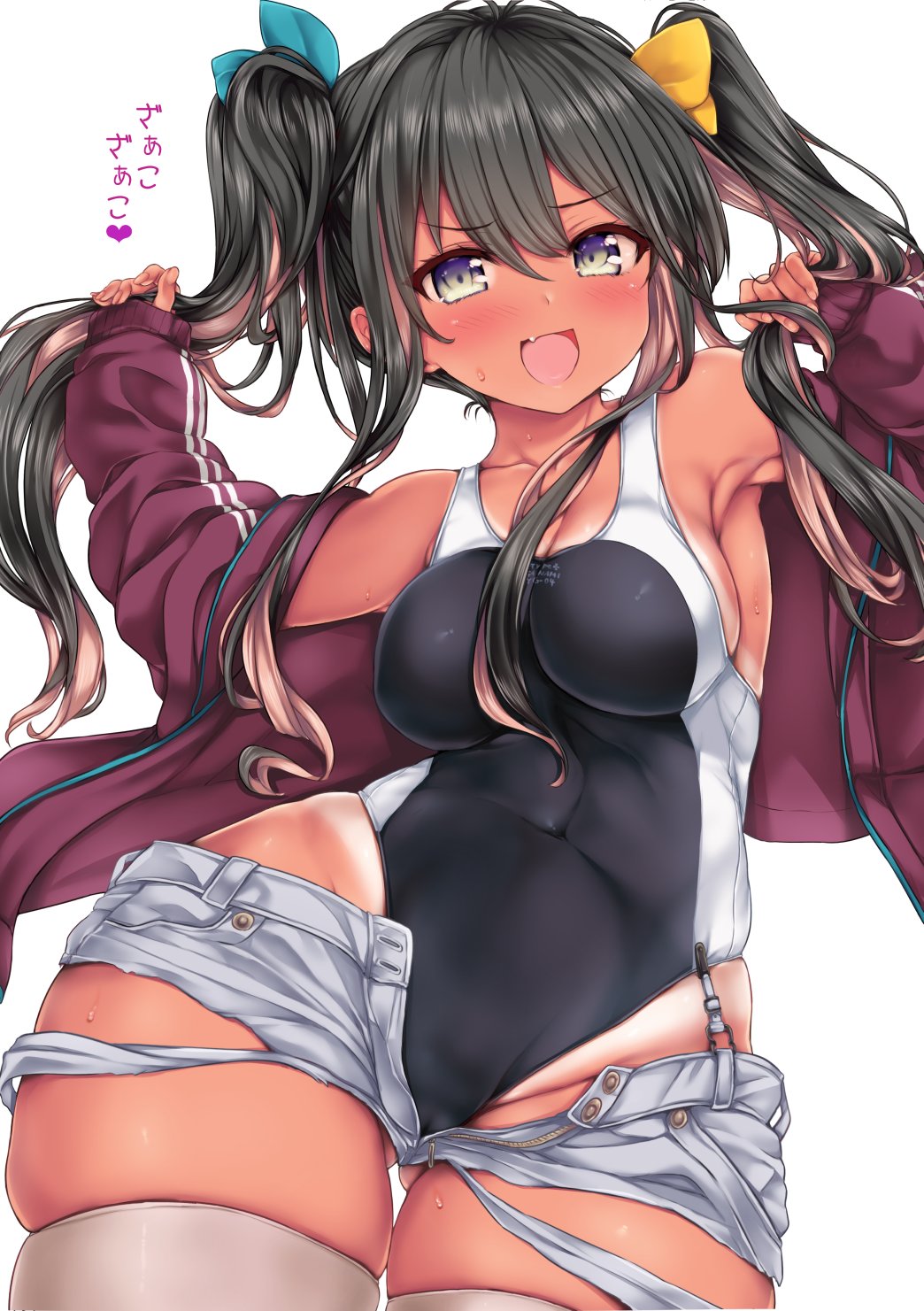 :d antenna_hair armpits ass_visible_through_thighs bangs bare_shoulders between_breasts black_hair black_swimsuit blue_eyes blue_ribbon blush breasts breasts_apart cameltoe collarbone colored_inner_hair competition_swimsuit cosplay covered_navel cowboy_shot dark_skin double_vertical_stripe eyebrows_visible_through_hair female garter_straps gradient_eyes groin hair_between_breasts hair_between_eyes hair_ribbon hands_up heart highleg highleg_swimsuit highres holding holding_hair impossible_clothes impossible_swimsuit jacket kantai_collection large_breasts long_hair long_sleeves looking_at_viewer multicolored_eyes multicolored_hair naganami_(kantai_collection) nijimoto_hirok oerba_yun_fang off_shoulder one-piece_swimsuit open_clothes open_fly open_jacket pink_hair red_jacket ribbon scamp_(kantai_collection) scamp_(kantai_collection)_(cosplay) shiny shiny_hair short_shorts shorts sideboob sidelocks simple_background skindentation sleeves_past_wrists smile solo spoken_heart standing sweat swimsuit swimsuit_under_clothes tan tanlines thick_thighs thigh_gap thighhighs thighs torn_clothes torn_shorts track_jacket twintails two-tone_hair unbuttoned unzipped v-shaped_eyebrows white_background white_legwear yellow_eyes yellow_ribbon zipper zipper_pull_tab