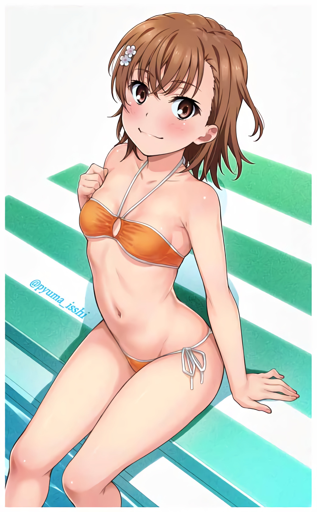 1girls, 2021, alternate costume, artist name, bangs, bare arms, bare legs, bare shoulders, bikini, blush, breasts, brown eyes, brown hair, collarbone, eyebrows visible through hair, feet out of frame, female, female focus, female only, flower, hair flower, hair ornament, isshi pyuma, looking at viewer, medium hair, misaka mikoto, navel, orange bikini, side-tie bikini, simple background, sitting, solo, string bikini, swimsuit, teenage female, teenager, to aru kagaku no railgun, to aru majutsu no index, upscaled, white background, young