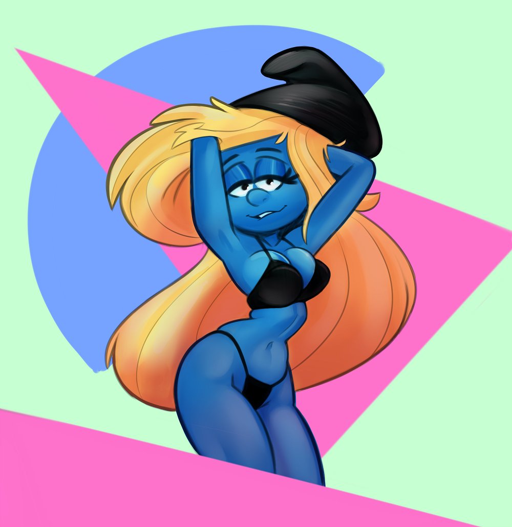 armpits arms_up bikini blonde_hair blue_skin busty female female_focus female_only hourglass_figure long_hair pinup pinup_pose saran-rape smurfette the_smurfs wide_hips